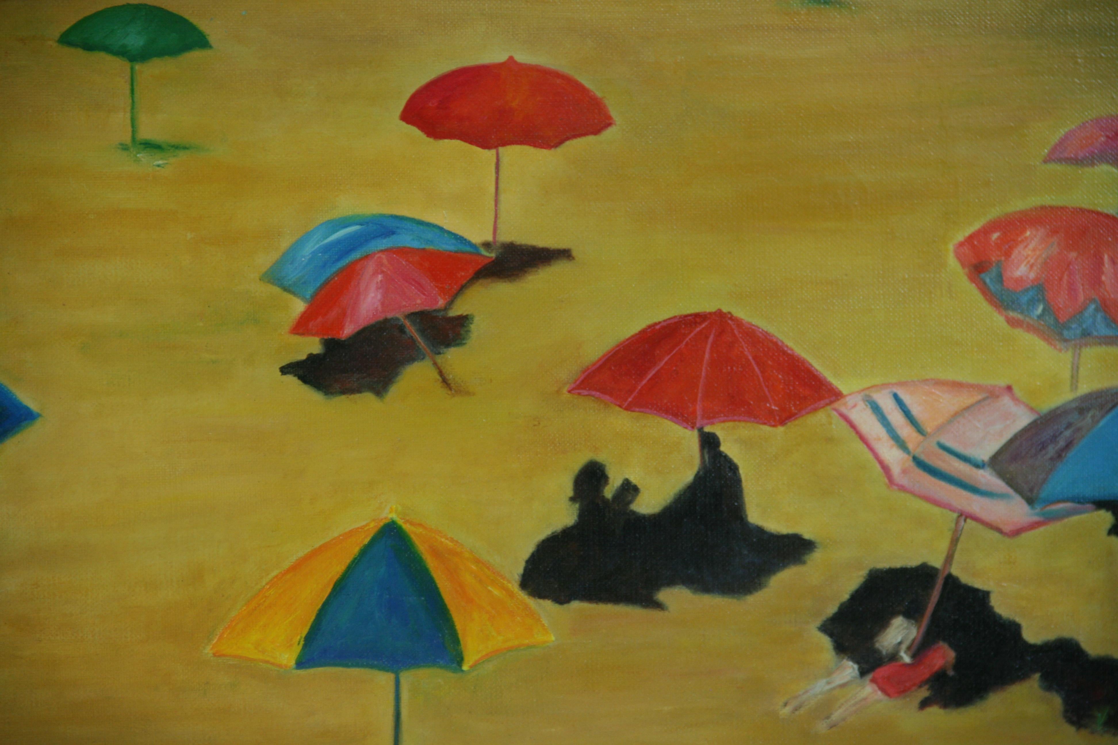 Italian Umbrellas on the Beach Seaside  Large Oil Landscape 1970's For Sale 1