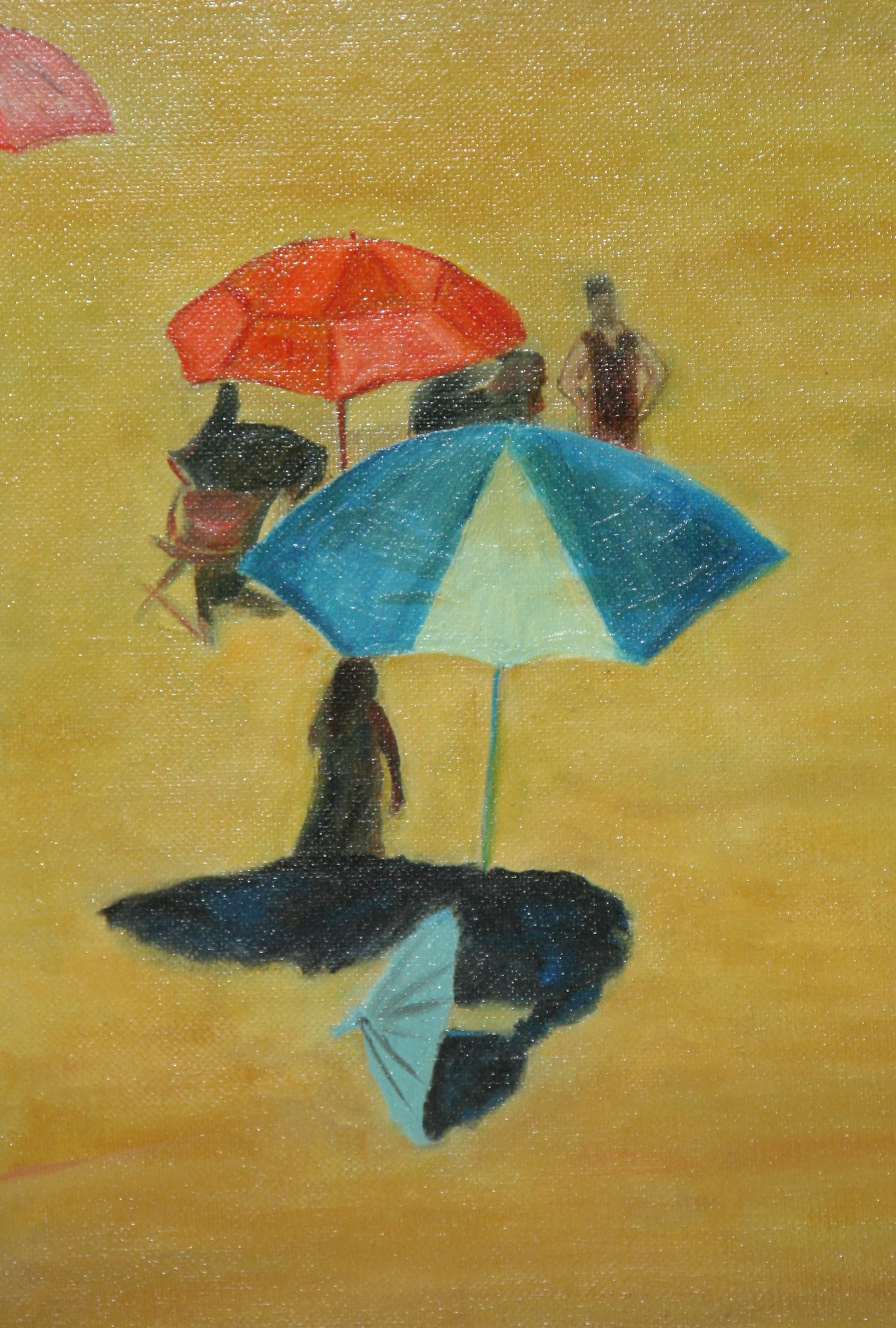 Italian Umbrellas on the Beach Seaside  Large Oil Landscape 1970's For Sale 2