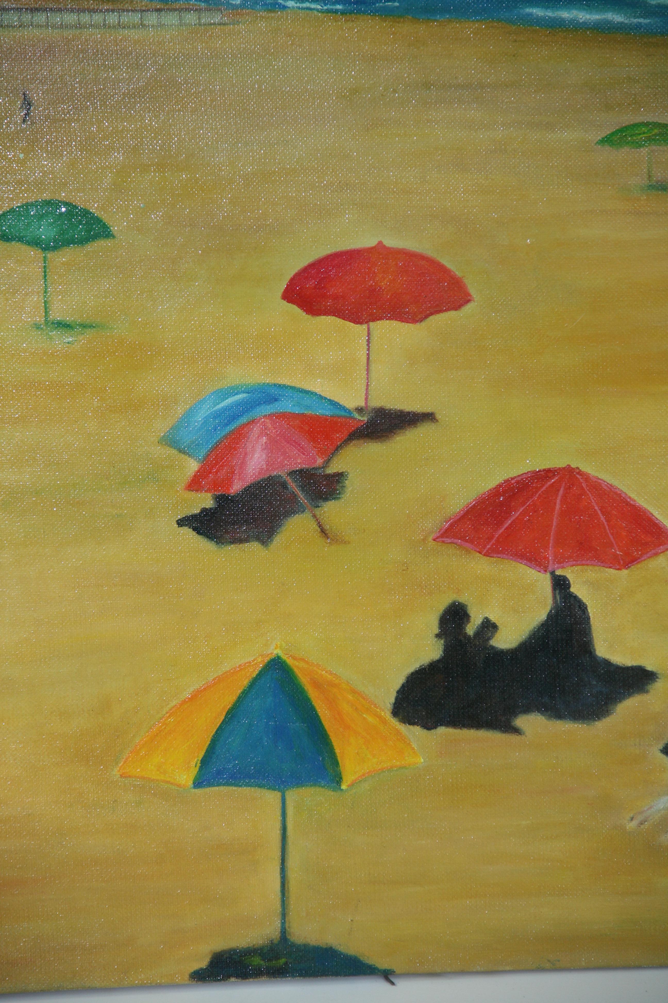 Italian Umbrellas on the Beach Seaside  Large Oil Landscape 1970's For Sale 3