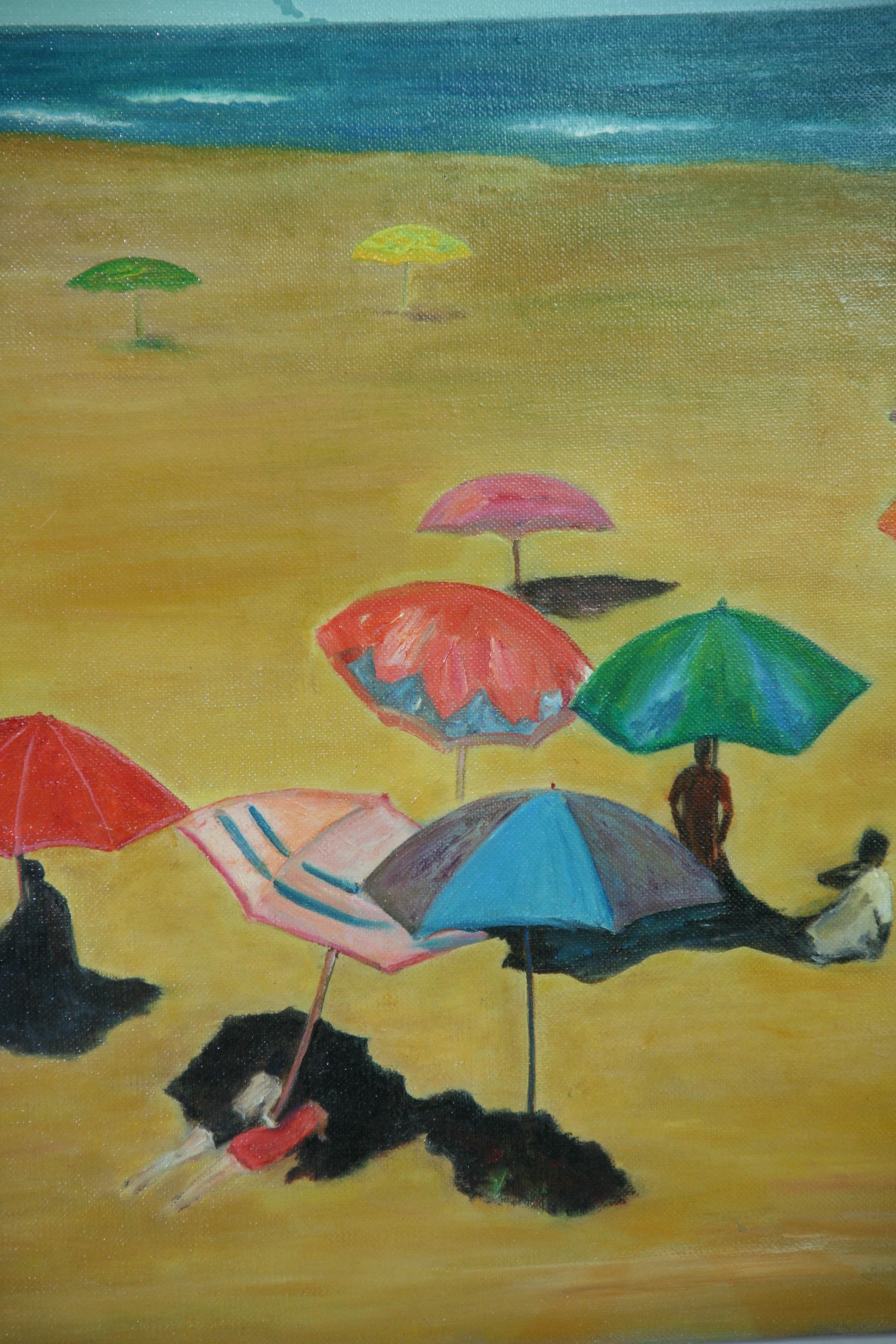 Italian Umbrellas on the Beach Seaside  Large Oil Landscape 1970's For Sale 4