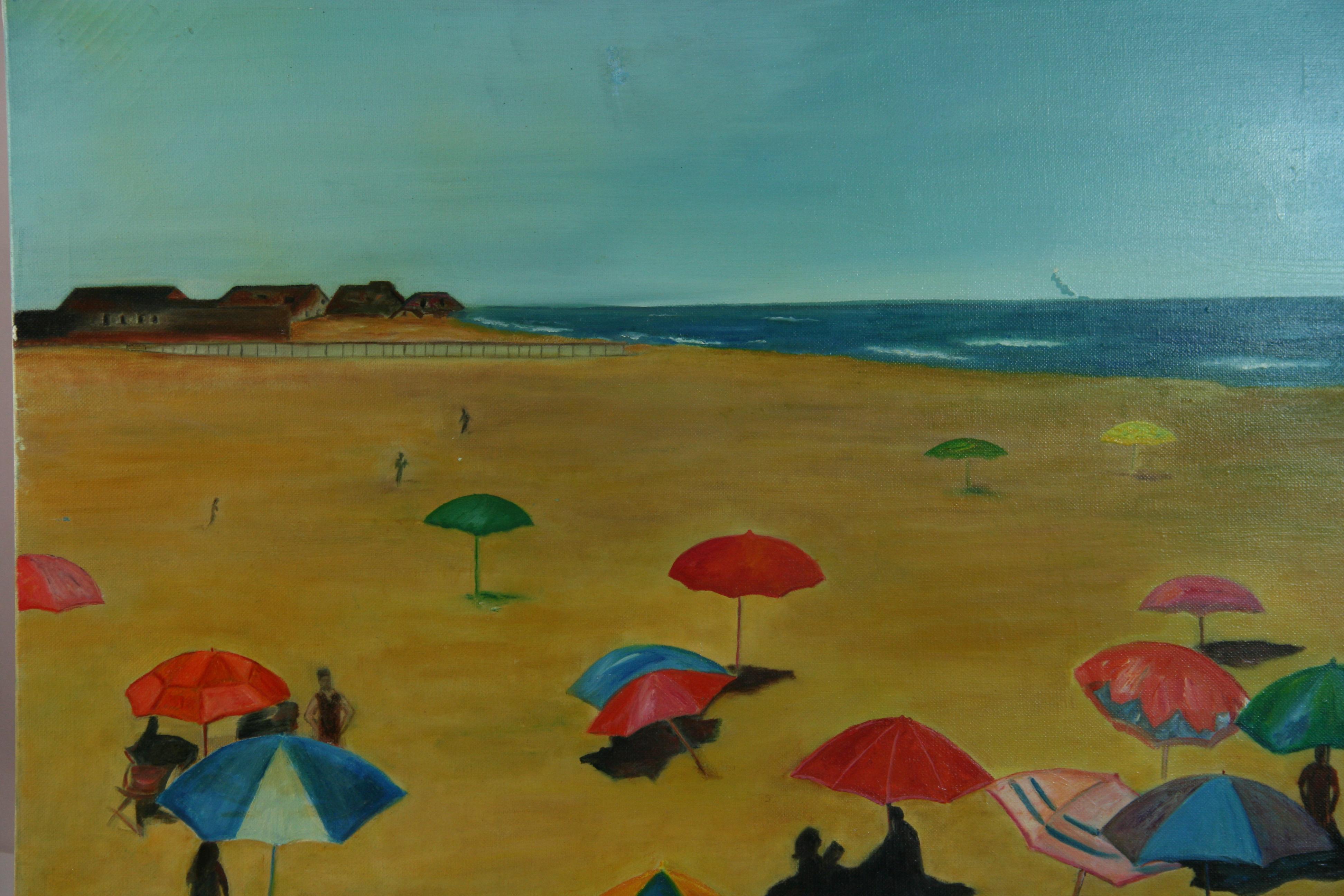 Italian Umbrellas on the Beach Seaside  Large Oil Landscape 1970's For Sale 5