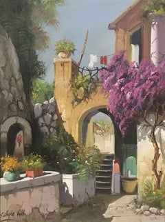 ITALIAN VINTAGE OIL PAINTING - VIEW OF AN OLD TOWN WISTERIA 
FLOWERS ARCHWAY