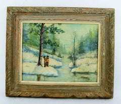 Antique Impressionist   Figurative Winter Landscape oil  Painting 1940