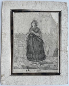 Italian Woman in Cloak Costume Study Pencil Drawing 19th Century Figure