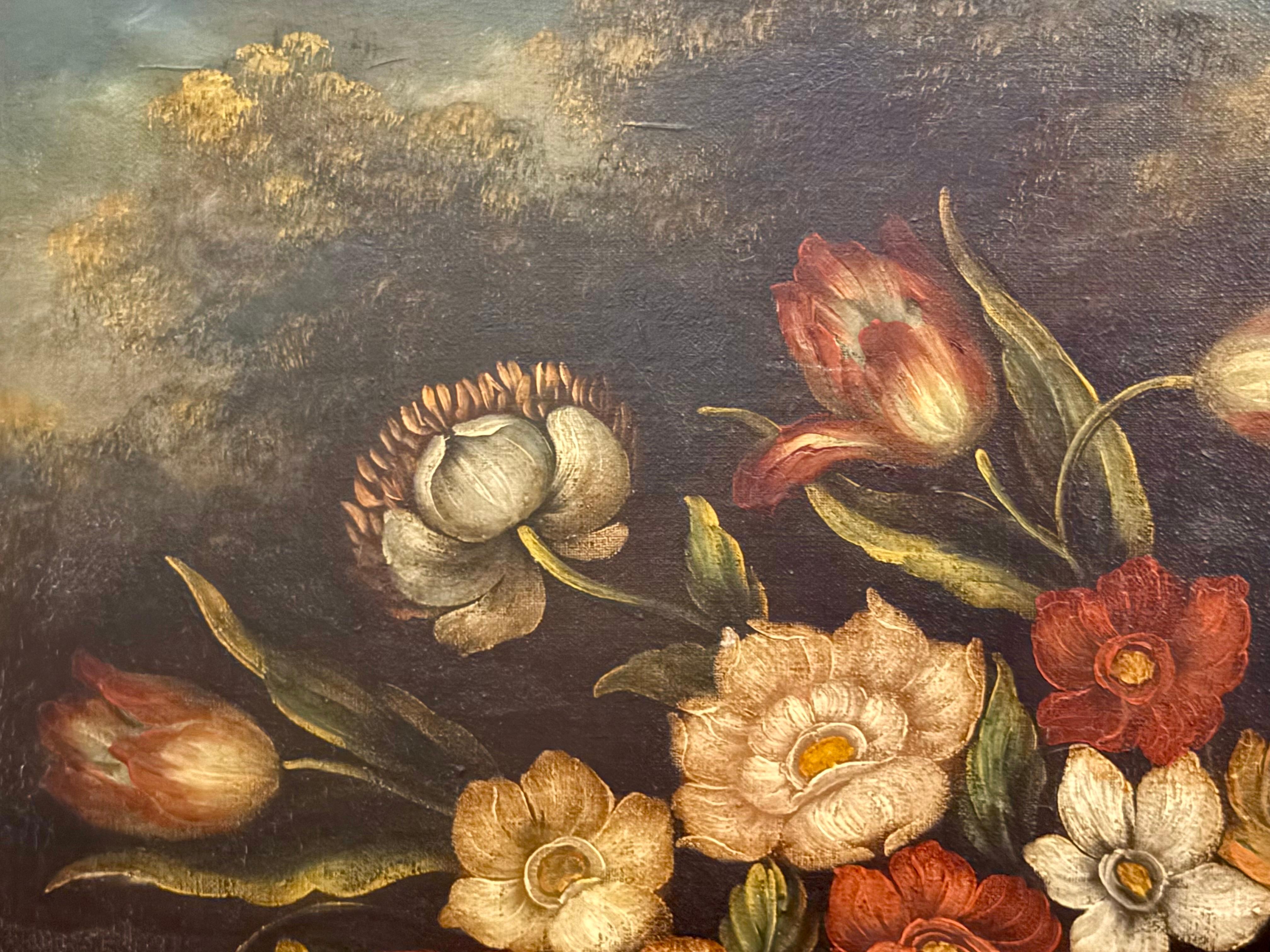 Grandes fleurs italiennes du 19e siècle avec paysage du Mont Vésuve en vente 5