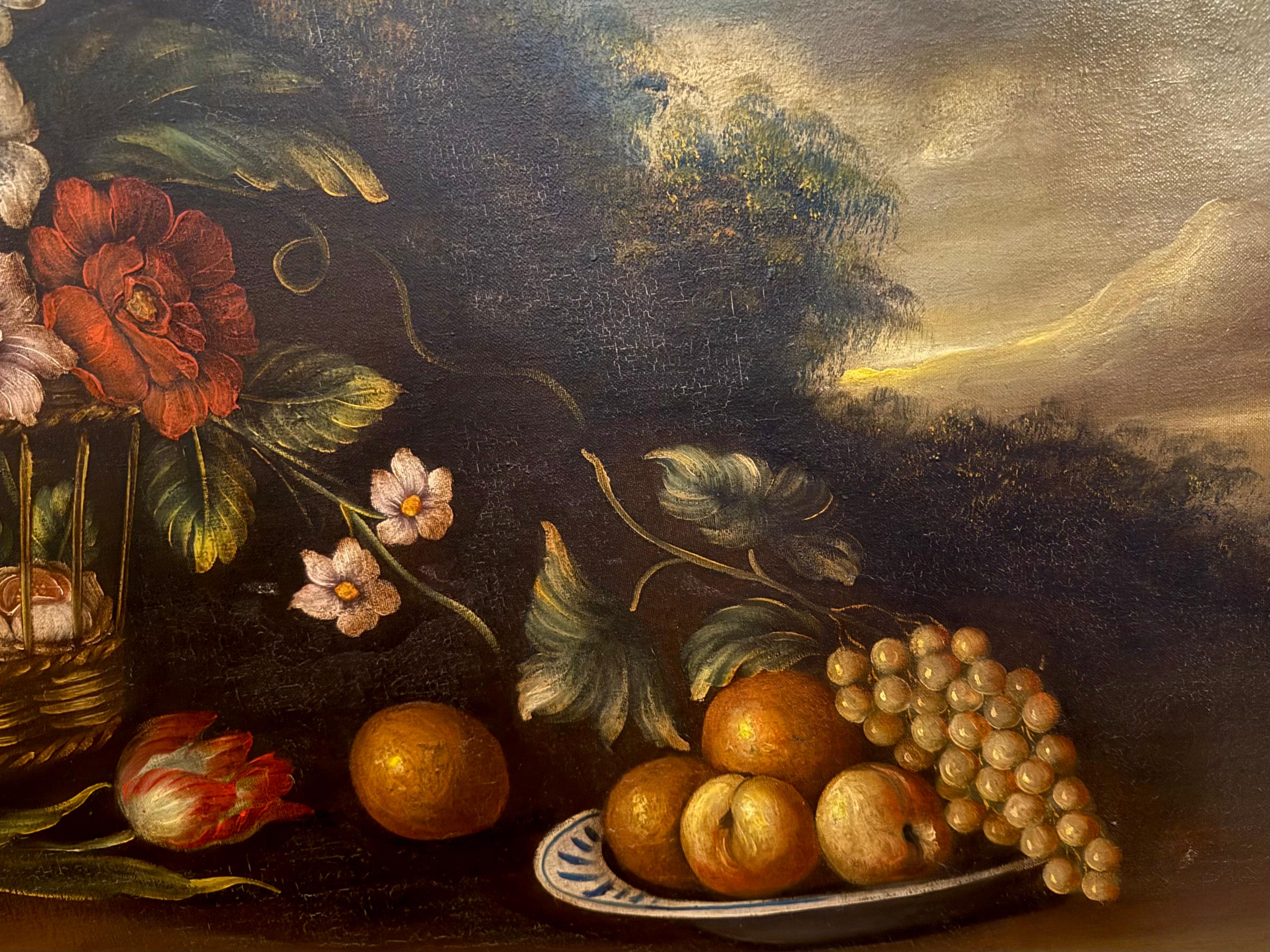 Grandes fleurs italiennes du 19e siècle avec paysage du Mont Vésuve en vente 10