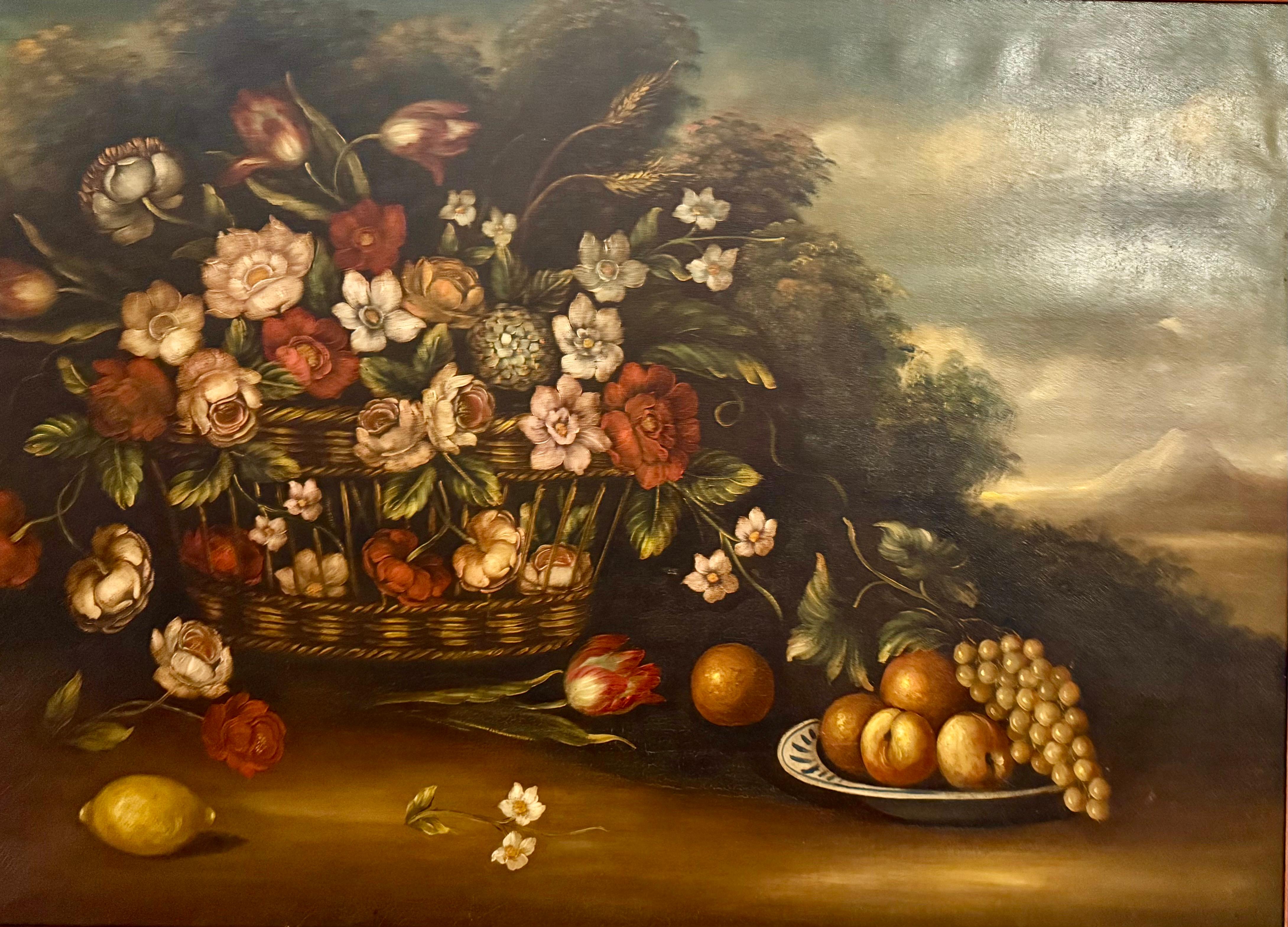 Grandes fleurs italiennes du 19e siècle avec paysage du Mont Vésuve - Painting de Unknown