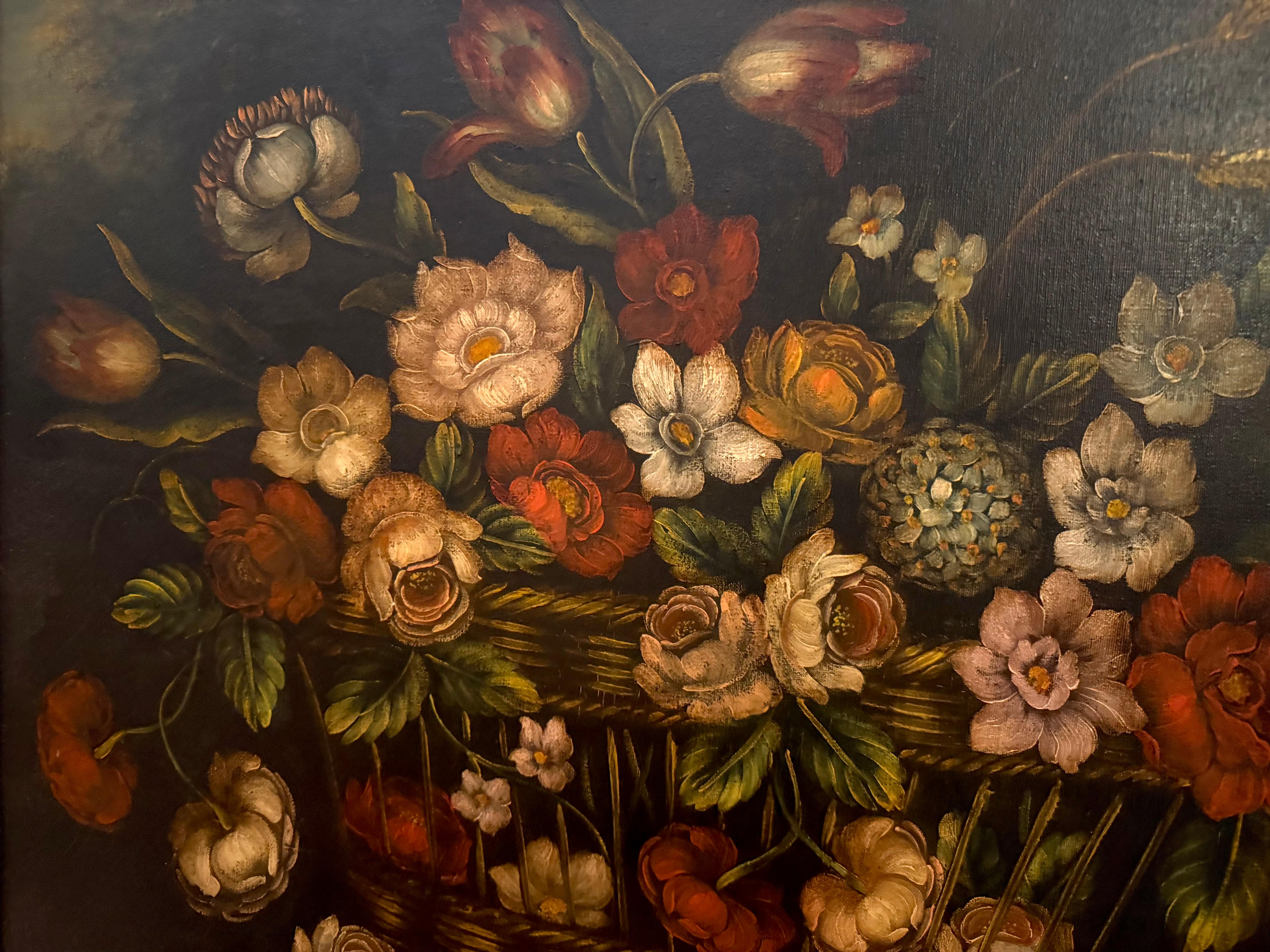 Grandes fleurs italiennes du 19e siècle avec paysage du Mont Vésuve - École italienne Painting par Unknown