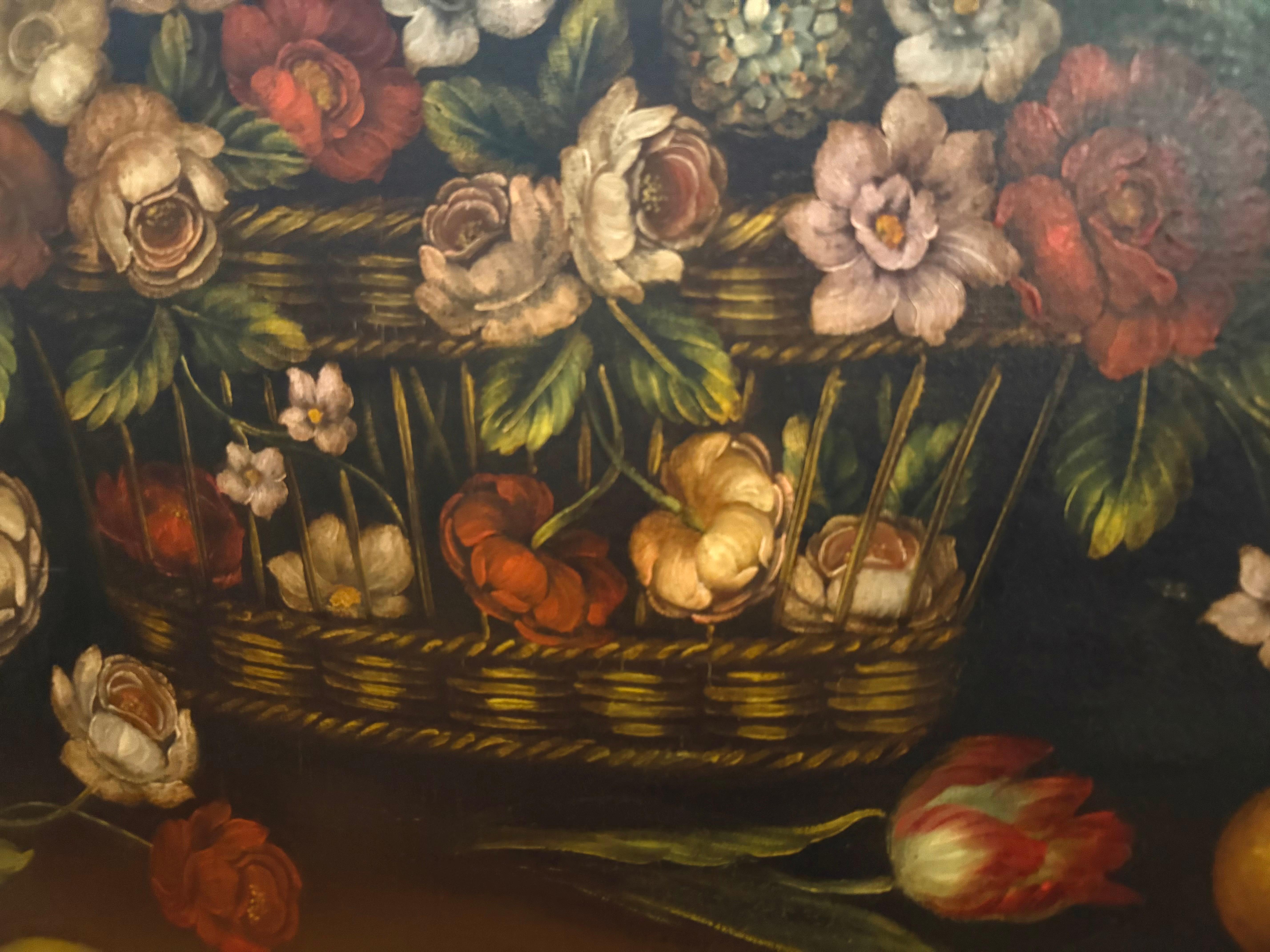 Grandes fleurs italiennes du 19e siècle avec paysage du Mont Vésuve - Marron Still-Life Painting par Unknown