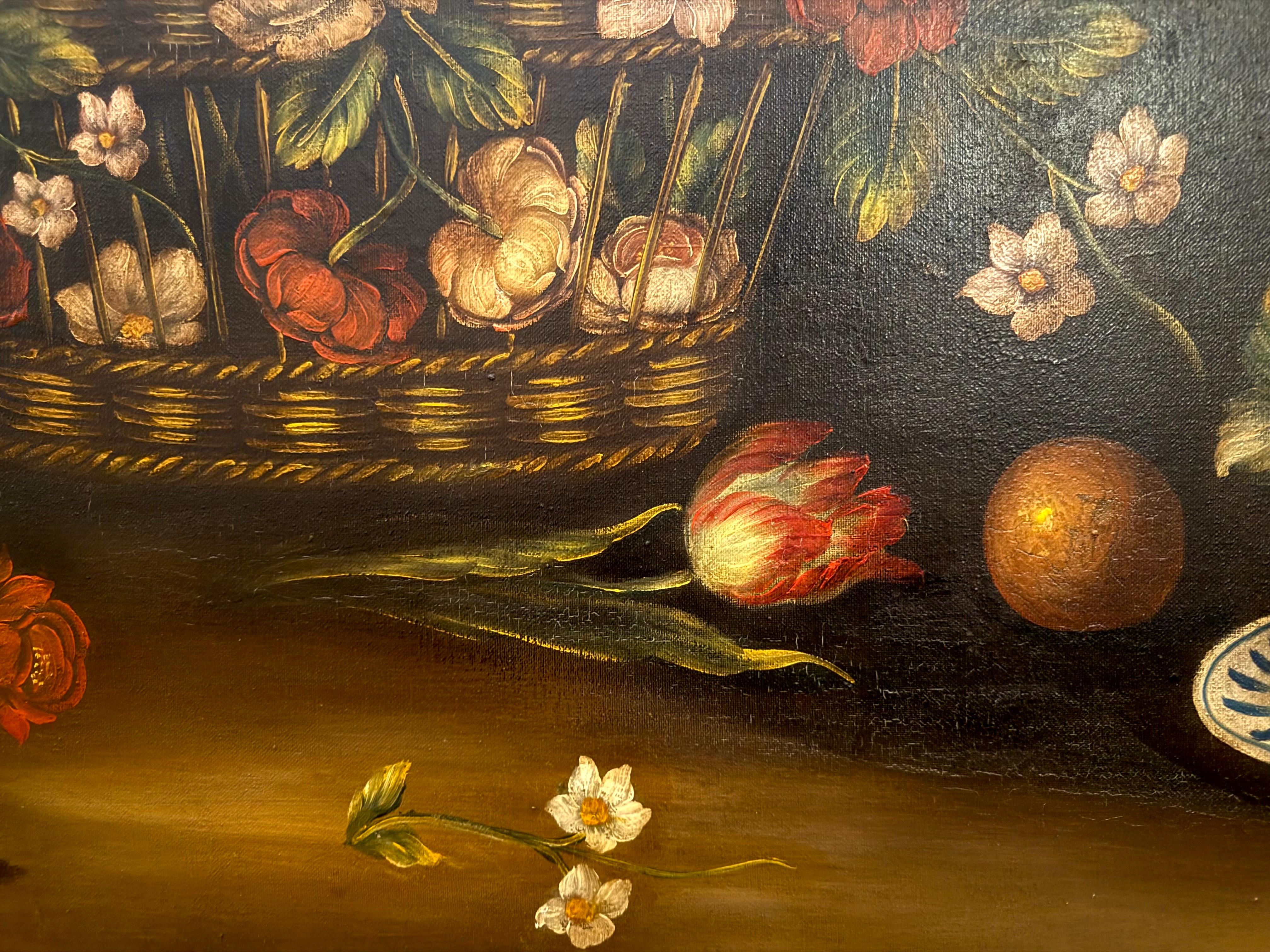 Grande peinture à l'huile italianisante de style Renaissance, avec des vues du Vésuve, de Naples derrière une pléthore de fleurs vaguement arrangées en vannerie. Au premier plan, le long du tableau, se trouvent un citron, des tiges de fleurs, une
