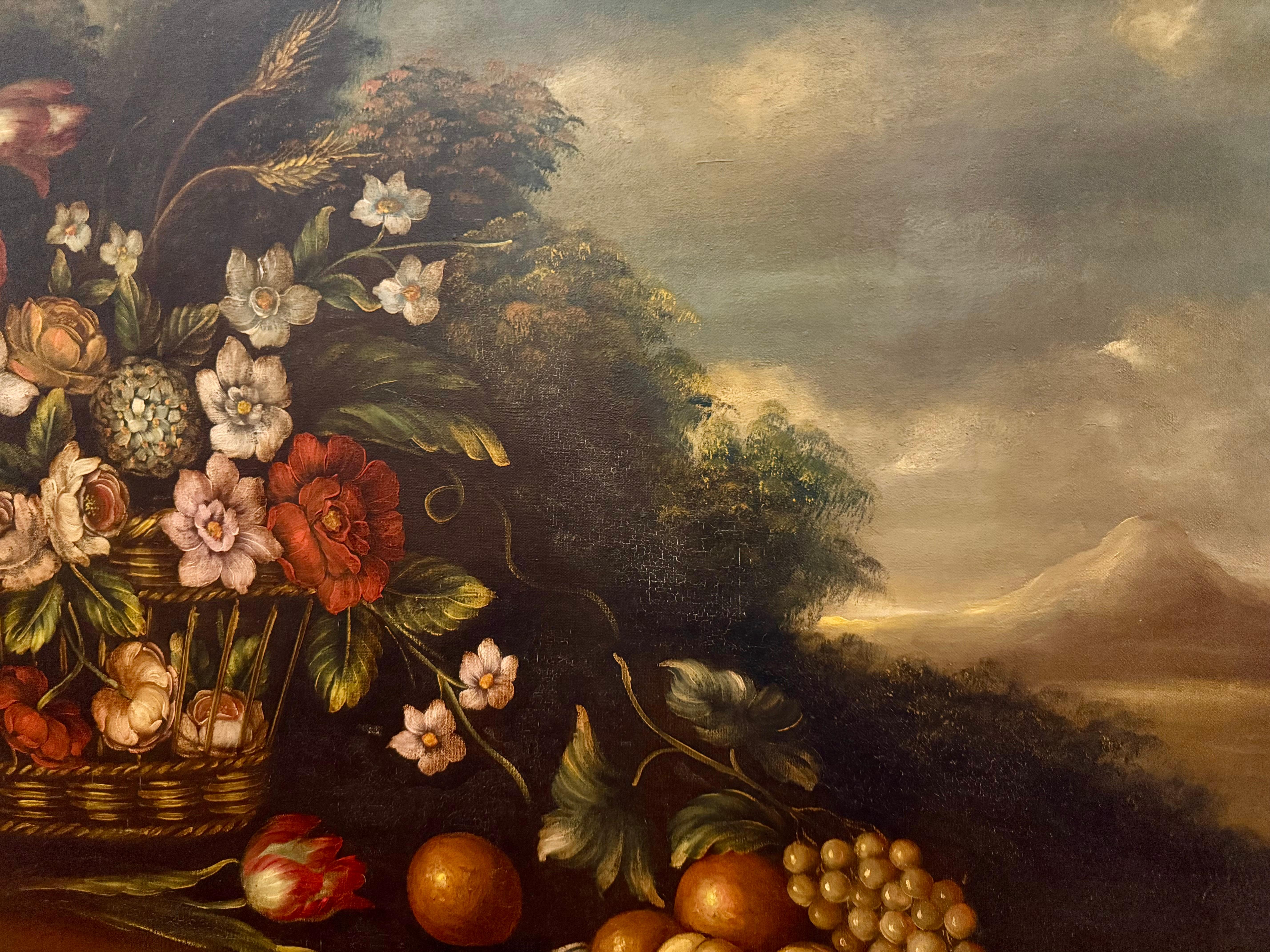 Grandes fleurs italiennes du 19e siècle avec paysage du Mont Vésuve en vente 1