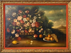 Grandes fleurs italiennes du 19e siècle avec paysage du Mont Vésuve