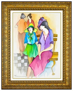 Itzchak Tarkay Original Watercolor Painting Signed Woman Child Cafe Framed Art