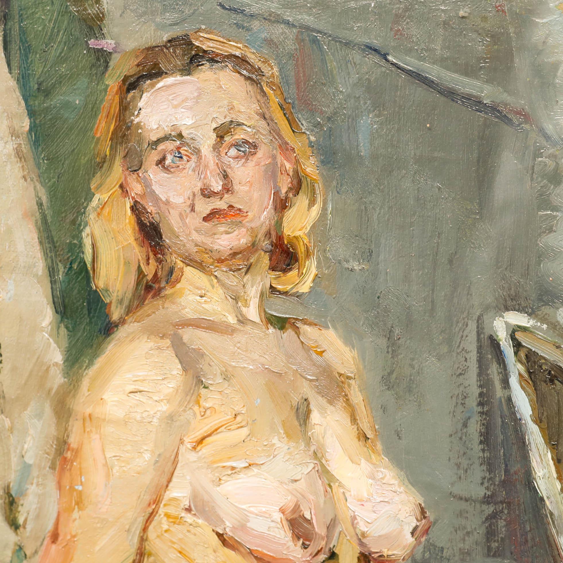 Ukrainian School, oil on board. An expressive life study, captured in the artist's studio. Well presented in a painted wooden frame, behind glass. Signed and inscribed verso. 