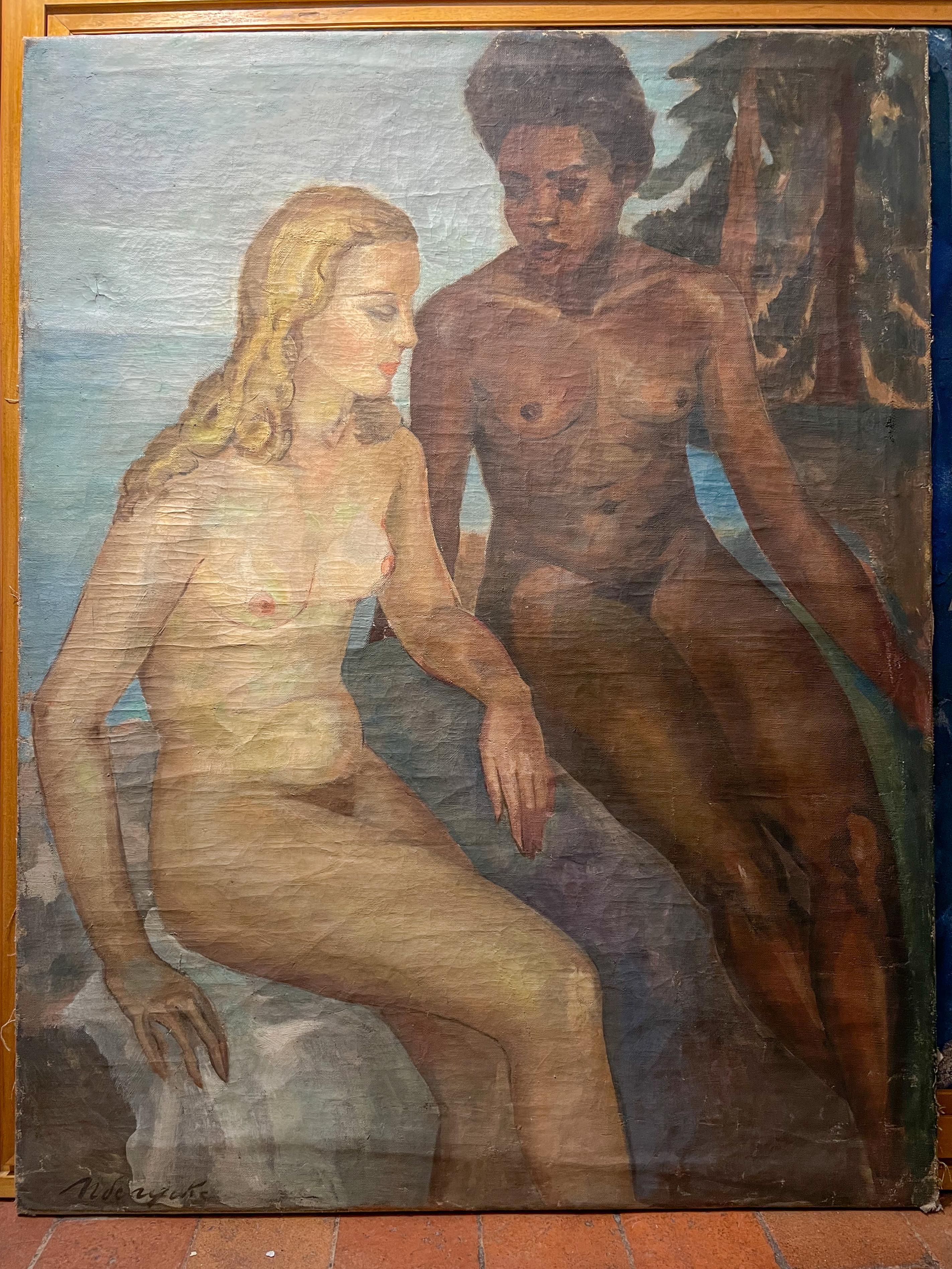 Elfenbein und Ebenholz: zwei befreundete Mädchen in einer Landschaft. Art Deco – Painting von Unknown