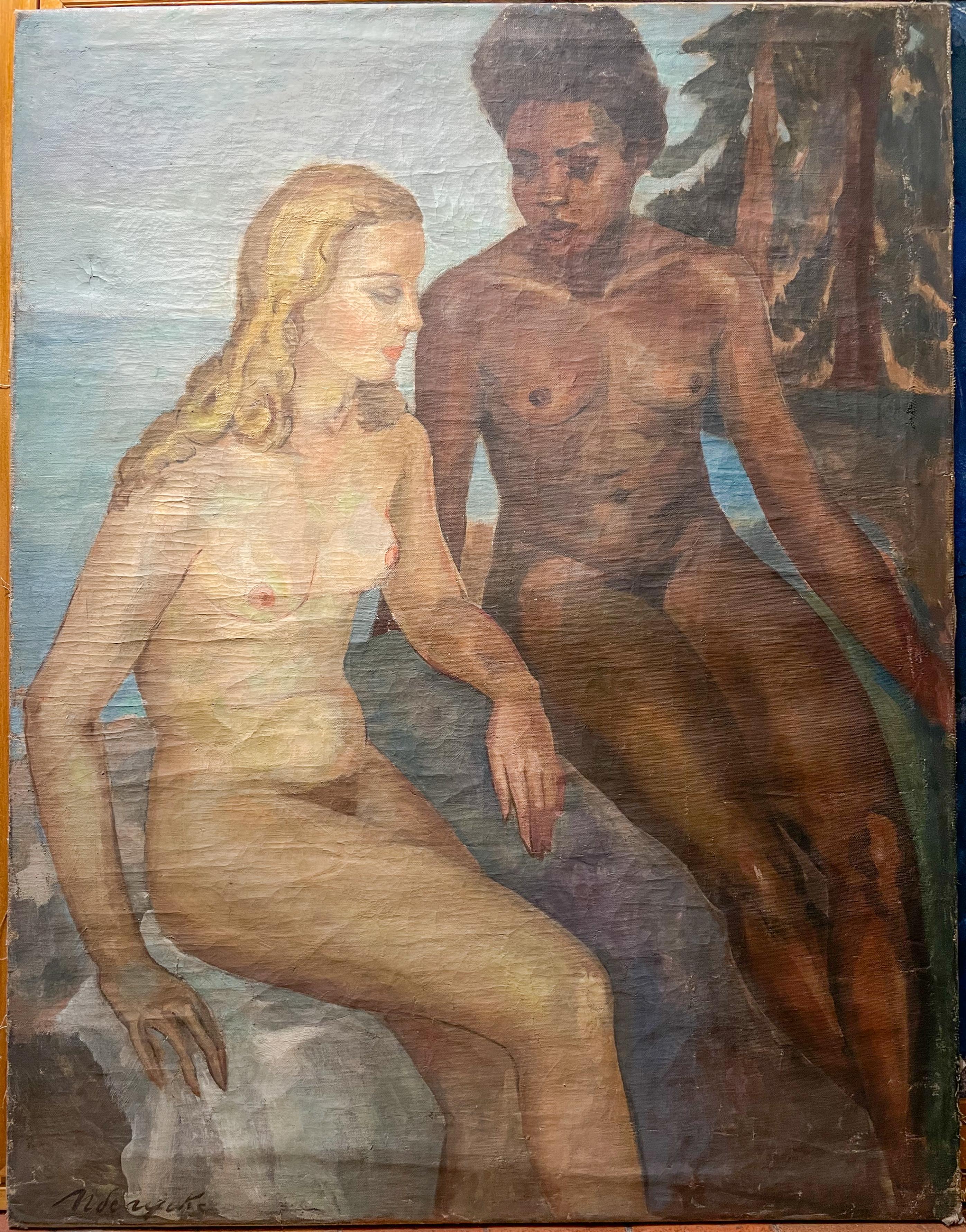 Unknown Nude Painting - Ivory and Ebony: two girls friends in a landscape. Art Deco