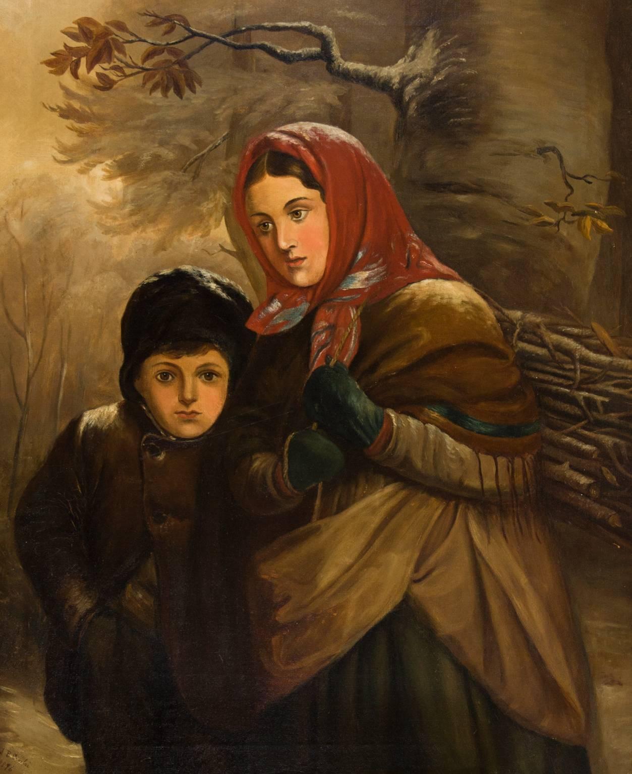 An exquisite late Victorian English School study of a young boy and girl huddled against the cold in a winter setting. Signed and dated 1896 by J. B. Crosbie to the lower left. Beautifully presented in a slightly later gilt frame with acanthus leaf
