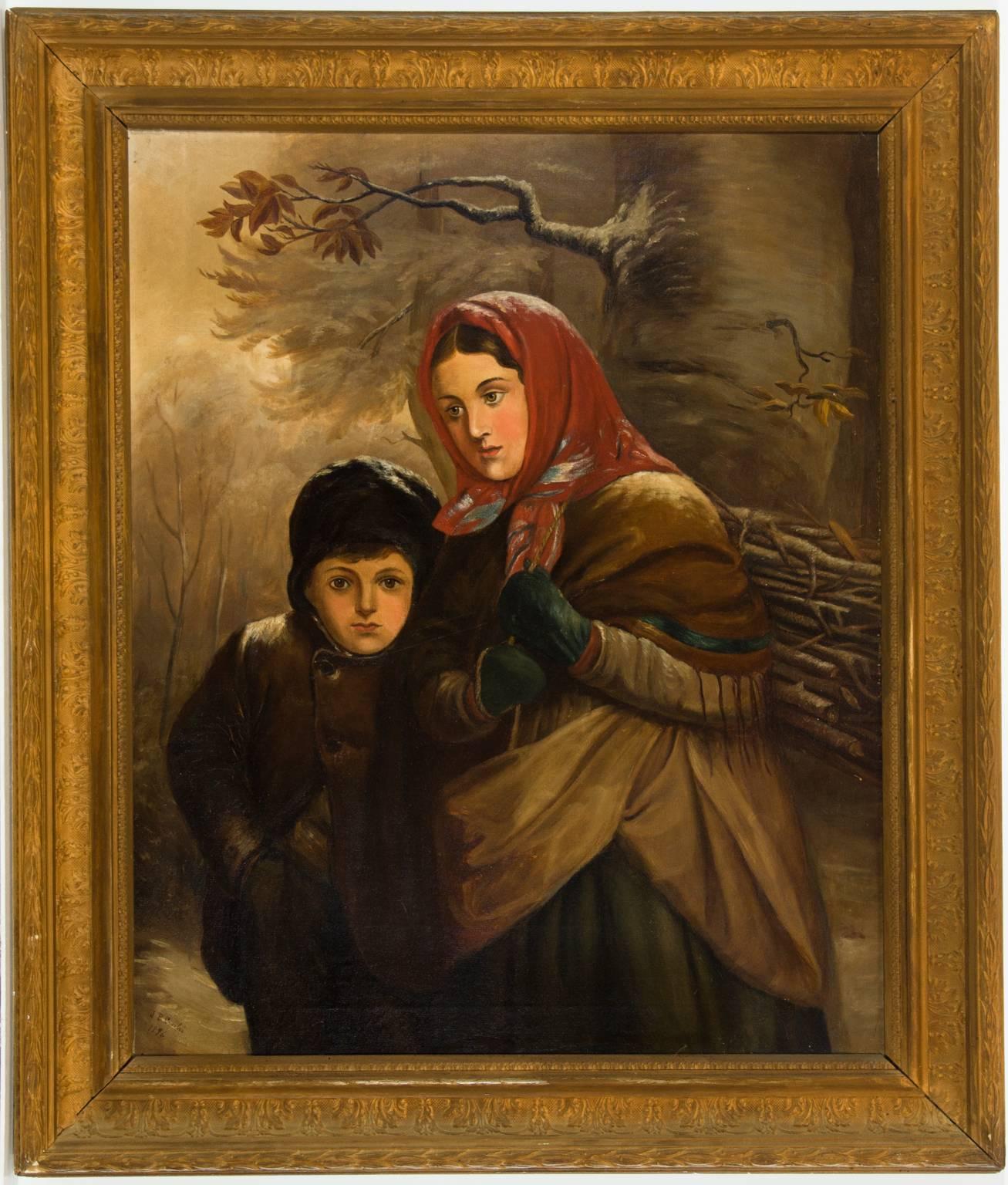 J. B. Crosbie - Signed 1896 Oil, Victorian Children in Winter Landscape