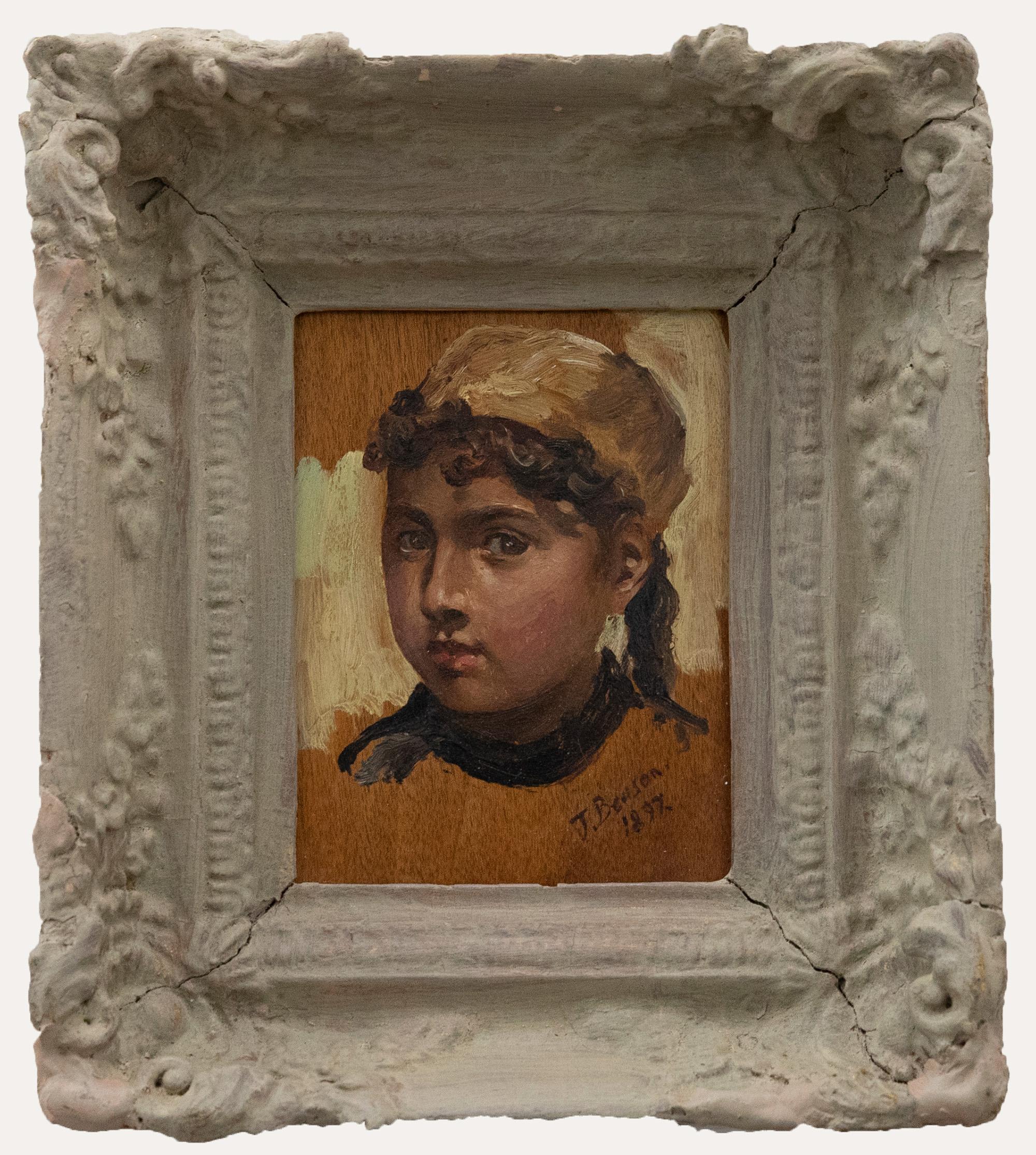 Unknown Portrait Painting - J. Benson - Framed 1897 Oil, Portrait of a Girl