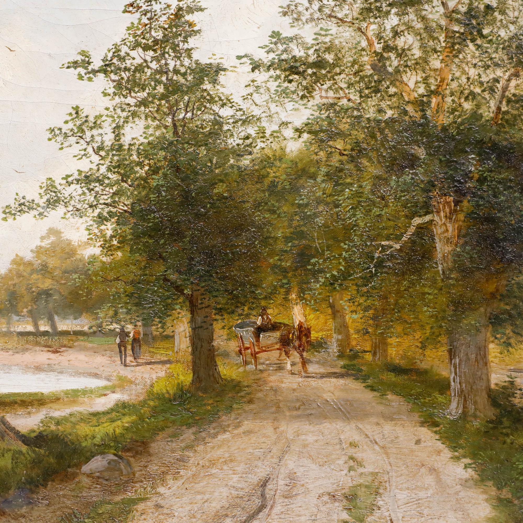 Eine charmante Szene, die ein Pferd und einen Wagen zeigt, die durch eine holländische Landschaft mit Häusern und einem See auf beiden Seiten des Weges fahren. Unterschrieben. Auf Leinwand.