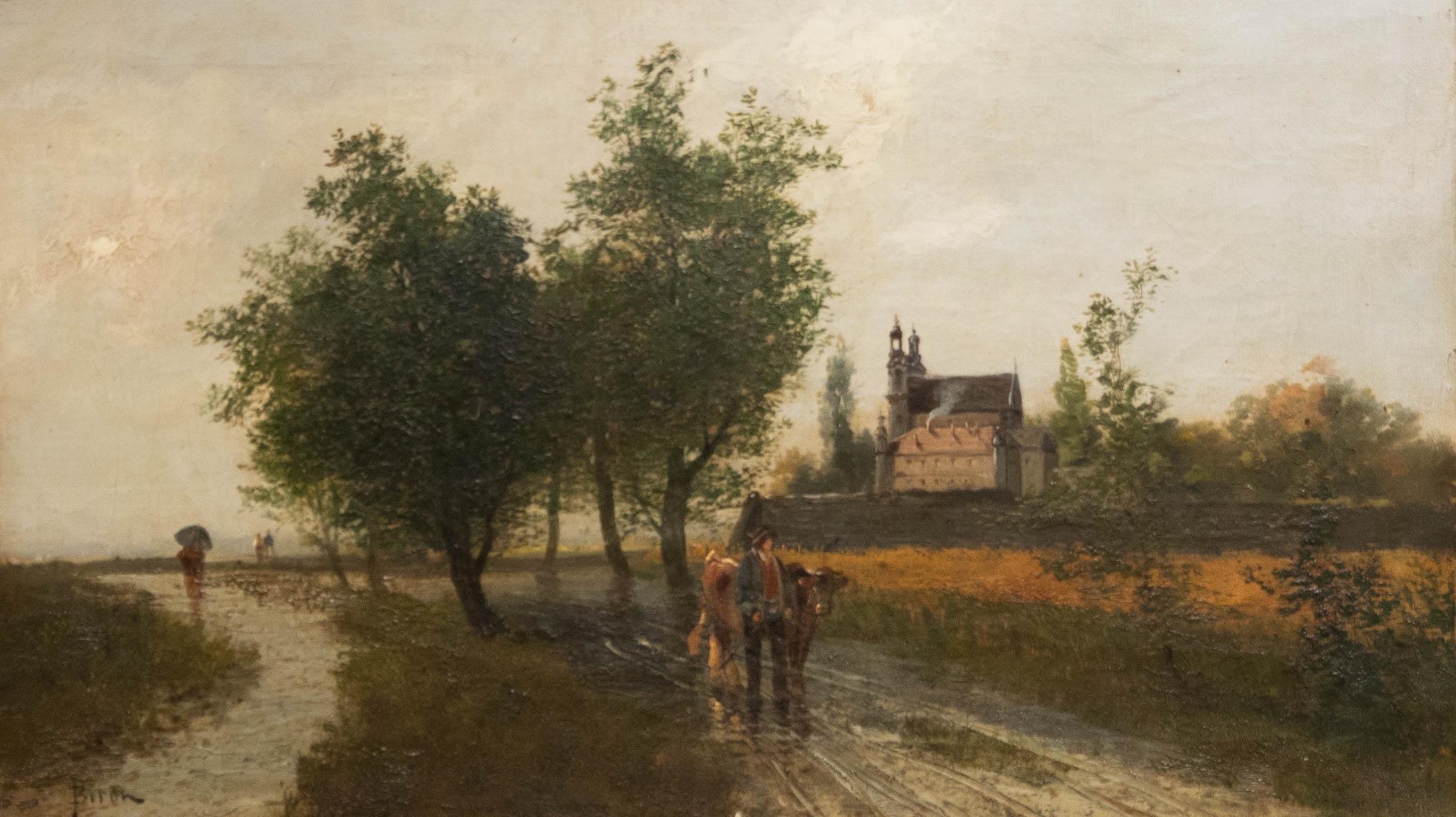 J. Biron - Olio incorniciato della fine del XIX secolo, Allevatore di bestiame in un paesaggio - Painting di Unknown