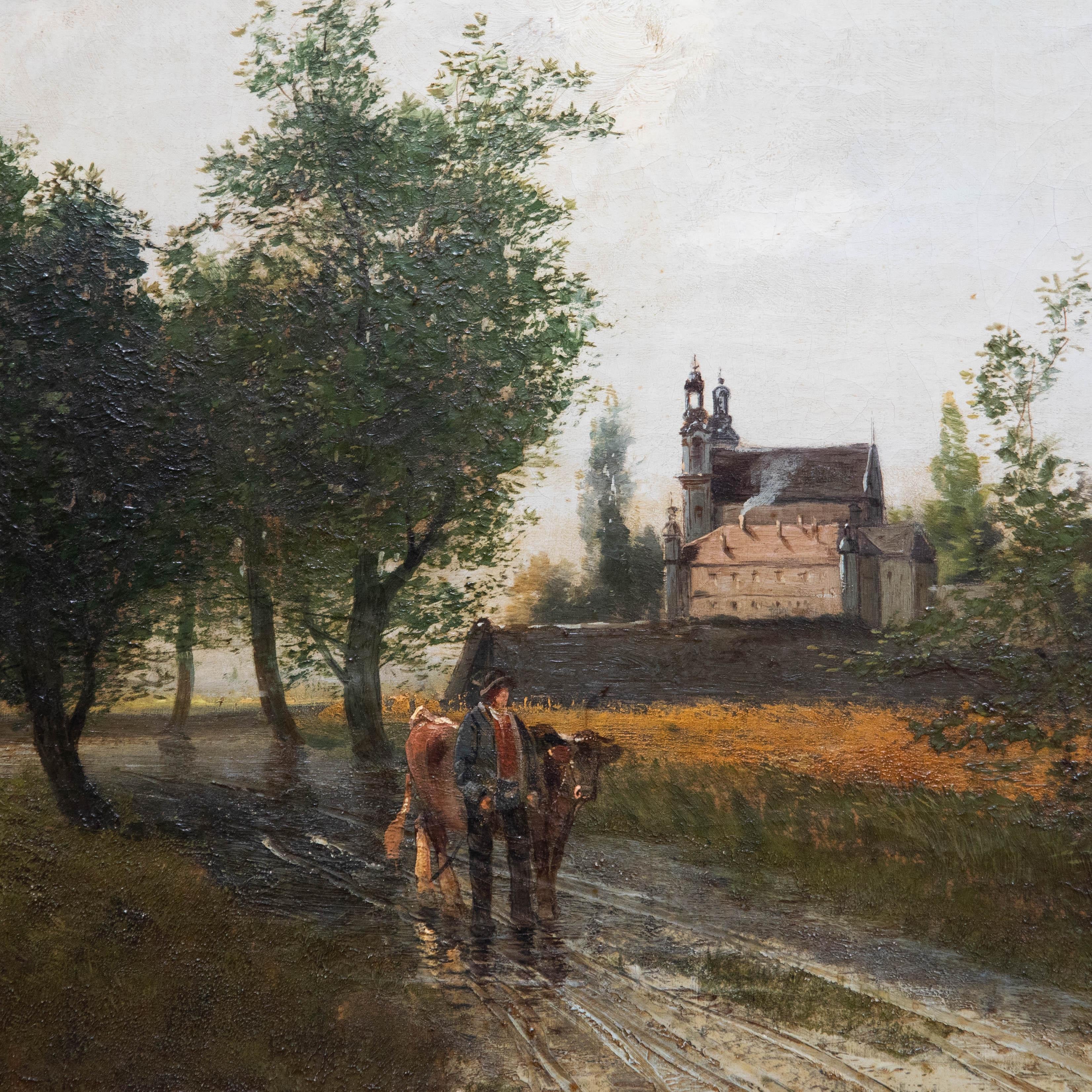 Un ampio paesaggio ad olio con un allevatore olandese che conduce una mucca al mercato. Presentato in una cornice con effetto dorato. Firmato 'J. Biron' in basso a sinistra. Su tela su barelle.