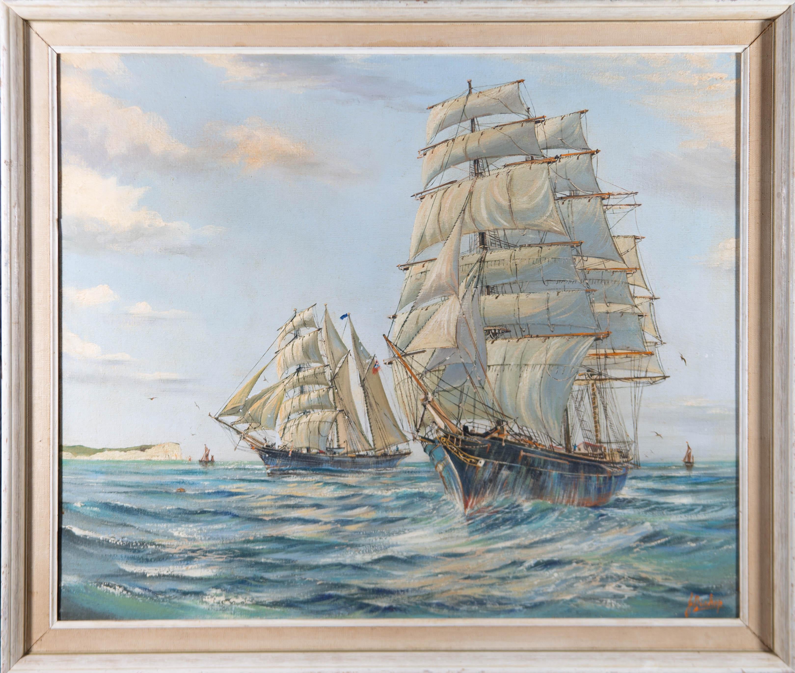 Unknown Figurative Painting - J. Bishop - Framed 20th Century Oil, Ships at Sea