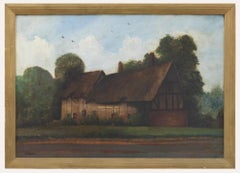 J. Boon – Gerahmtes Ölgemälde, geätzte Cottage-Szene, Mitte des 20. Jahrhunderts