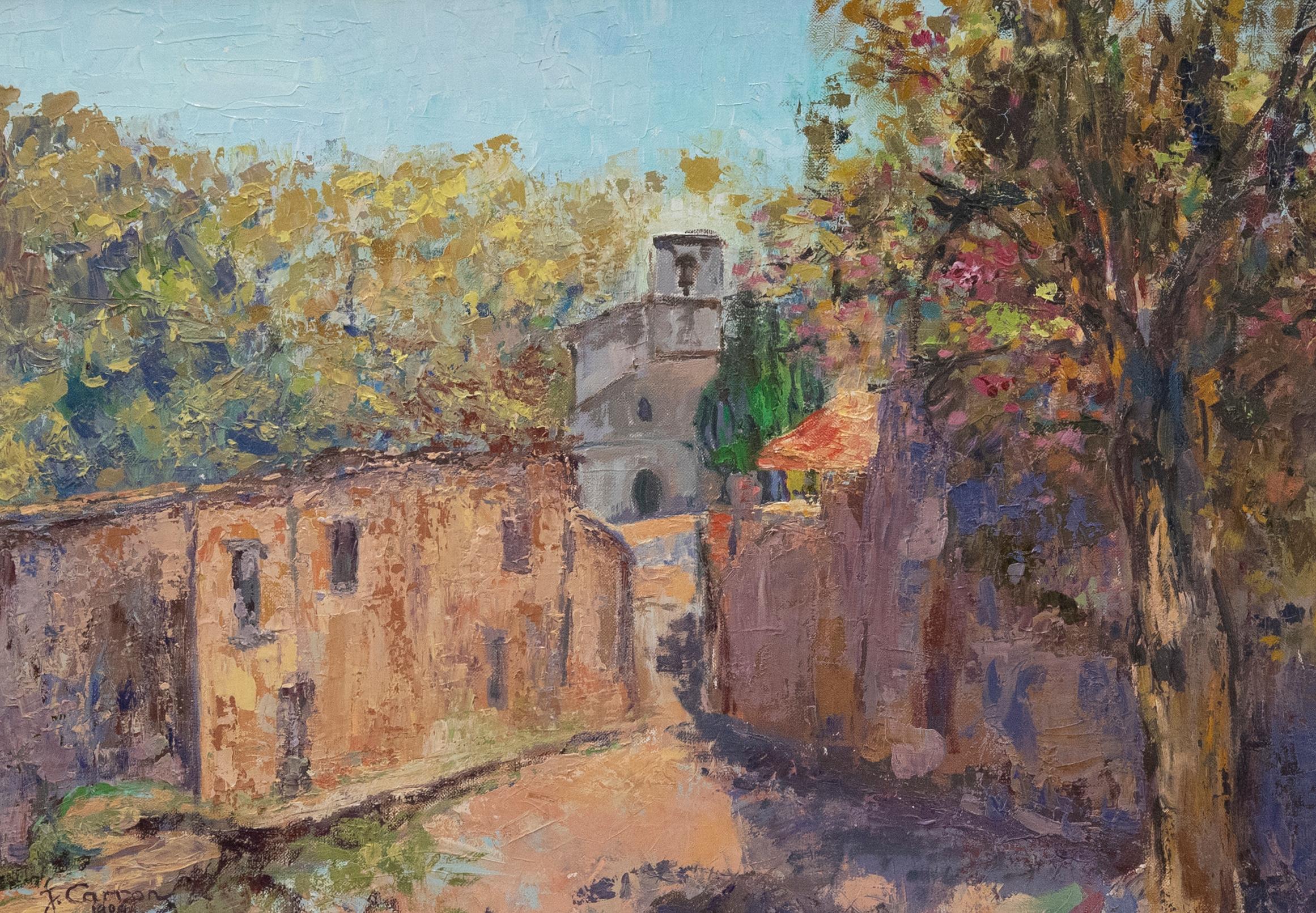 J. Carron - Framed 20th Century Oil, Village Street in Sun - Painting by Unknown