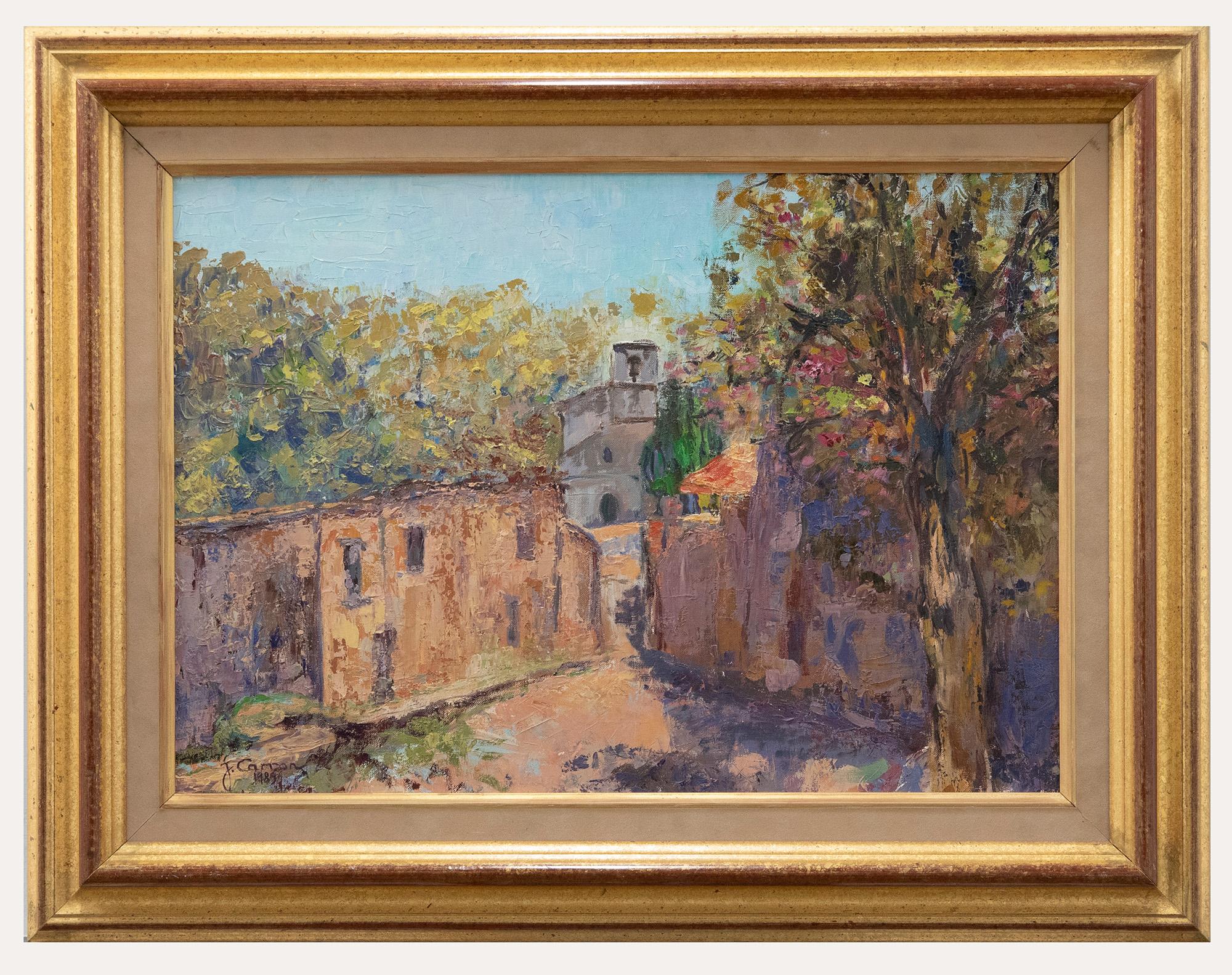 Unknown Landscape Painting - J. Carron - Framed 20th Century Oil, Village Street in Sun