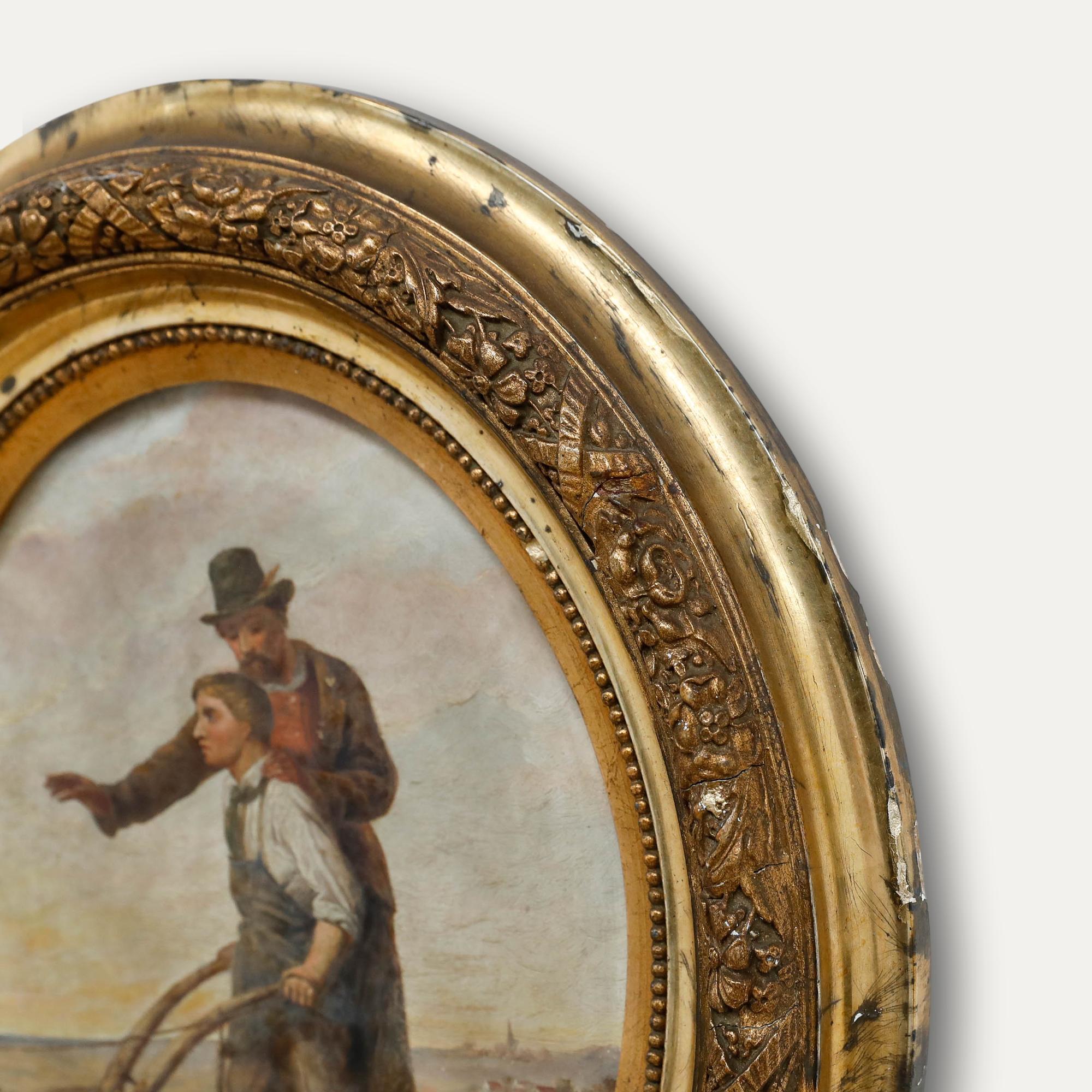 Un affascinante ritratto a olio dei primi del Novecento di un giovane aratore e di suo padre. Si vede il padre dare un consiglio al figlio. I toni tenui e le pennellate morbide creano un senso di calore e intimità, catturando un dolce momento di