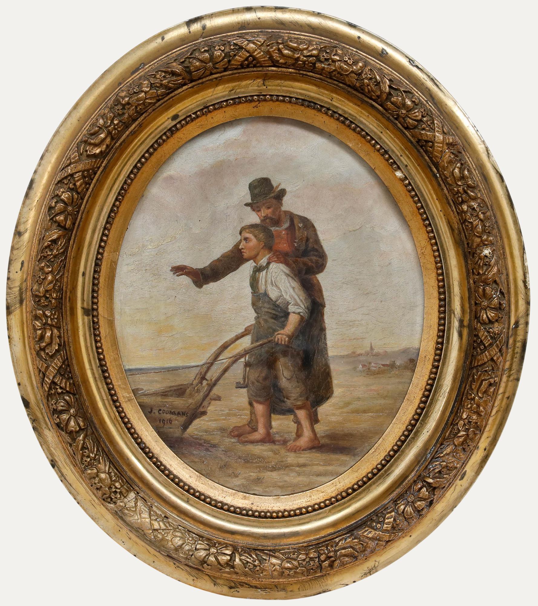 Portrait Painting di Unknown - J. Coomans - Olio del 1916 incorniciato, Una parola di consiglio