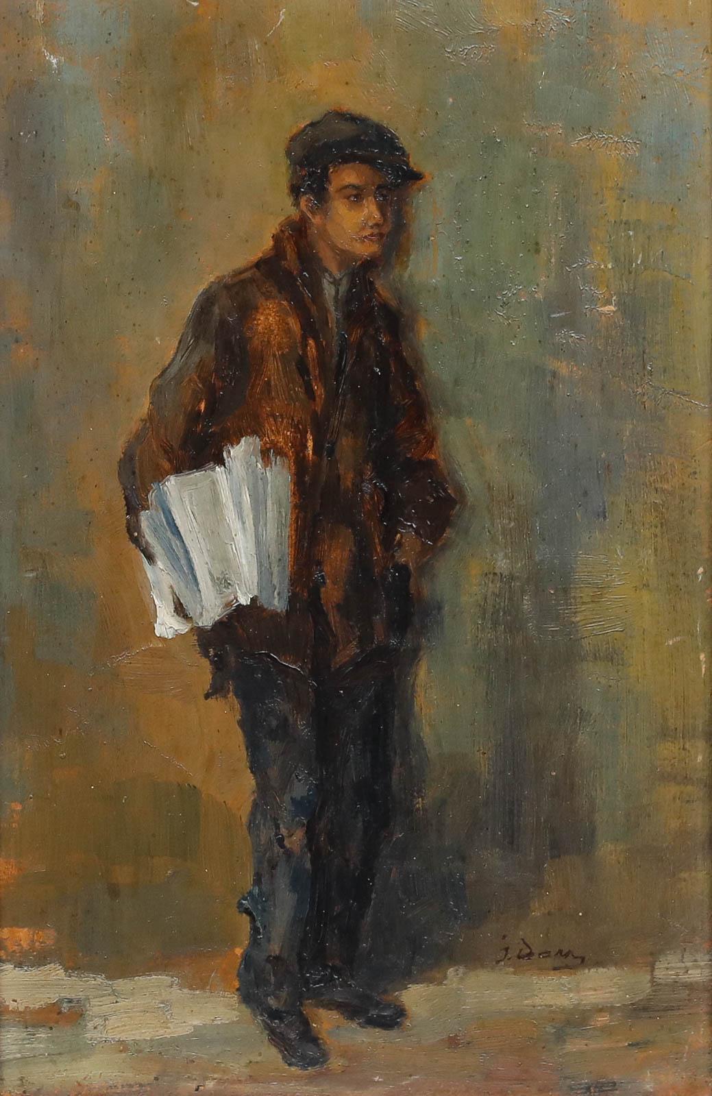 J. Damy - Óleo enmarcado de principios del siglo XX, Chico del periódico - Painting de Unknown