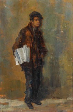 J. Damy - Framed Early 20th Century Oil, Newspaper Boy