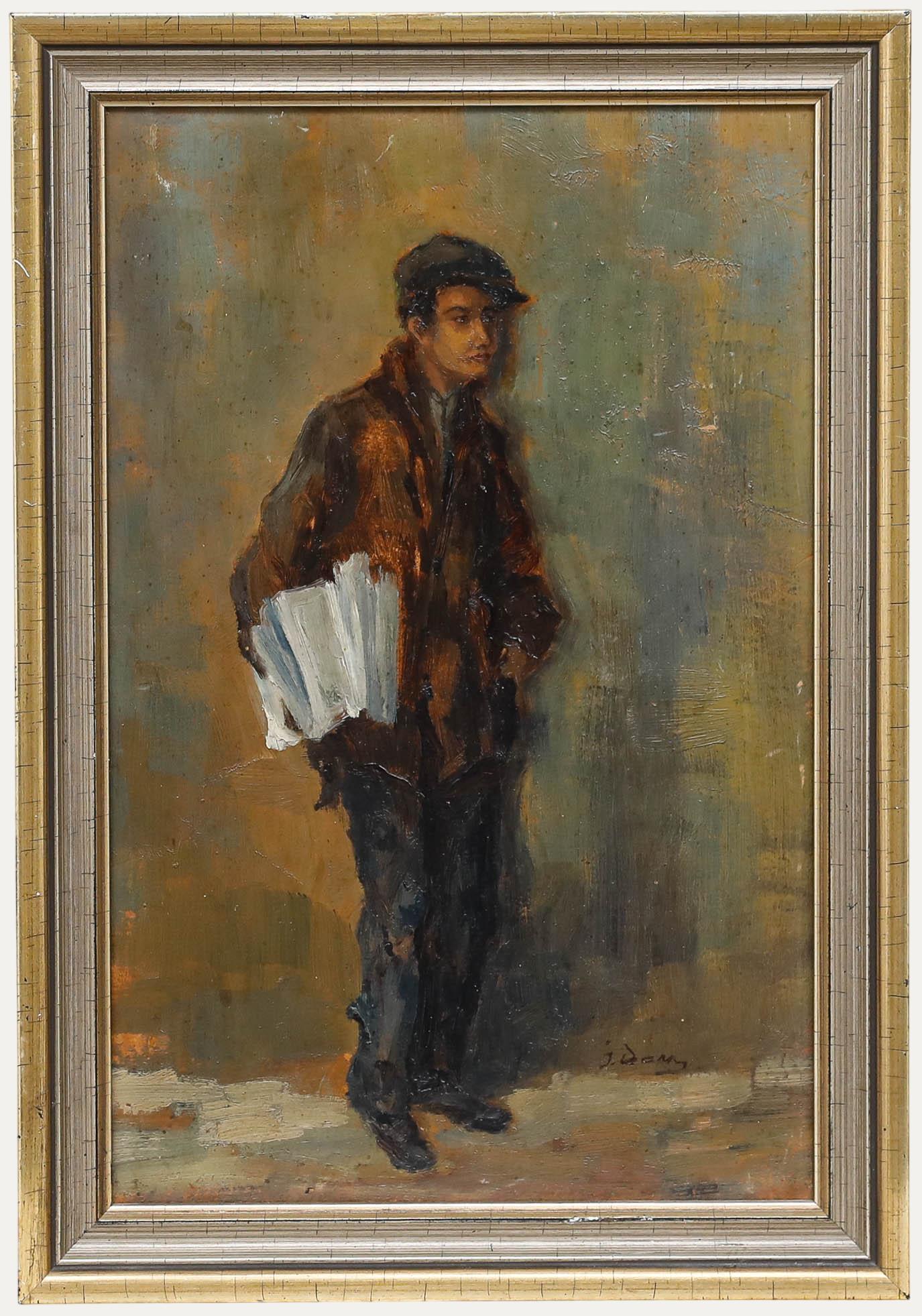 J. Damy - Gerahmtes Öl des frühen 20. Jahrhunderts, Zeitungsjunge