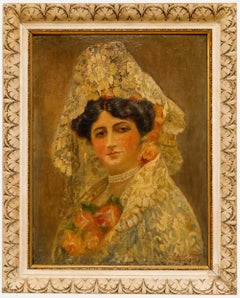 J de los Reyes - 1916 Oil, Spanish Woman in Lace