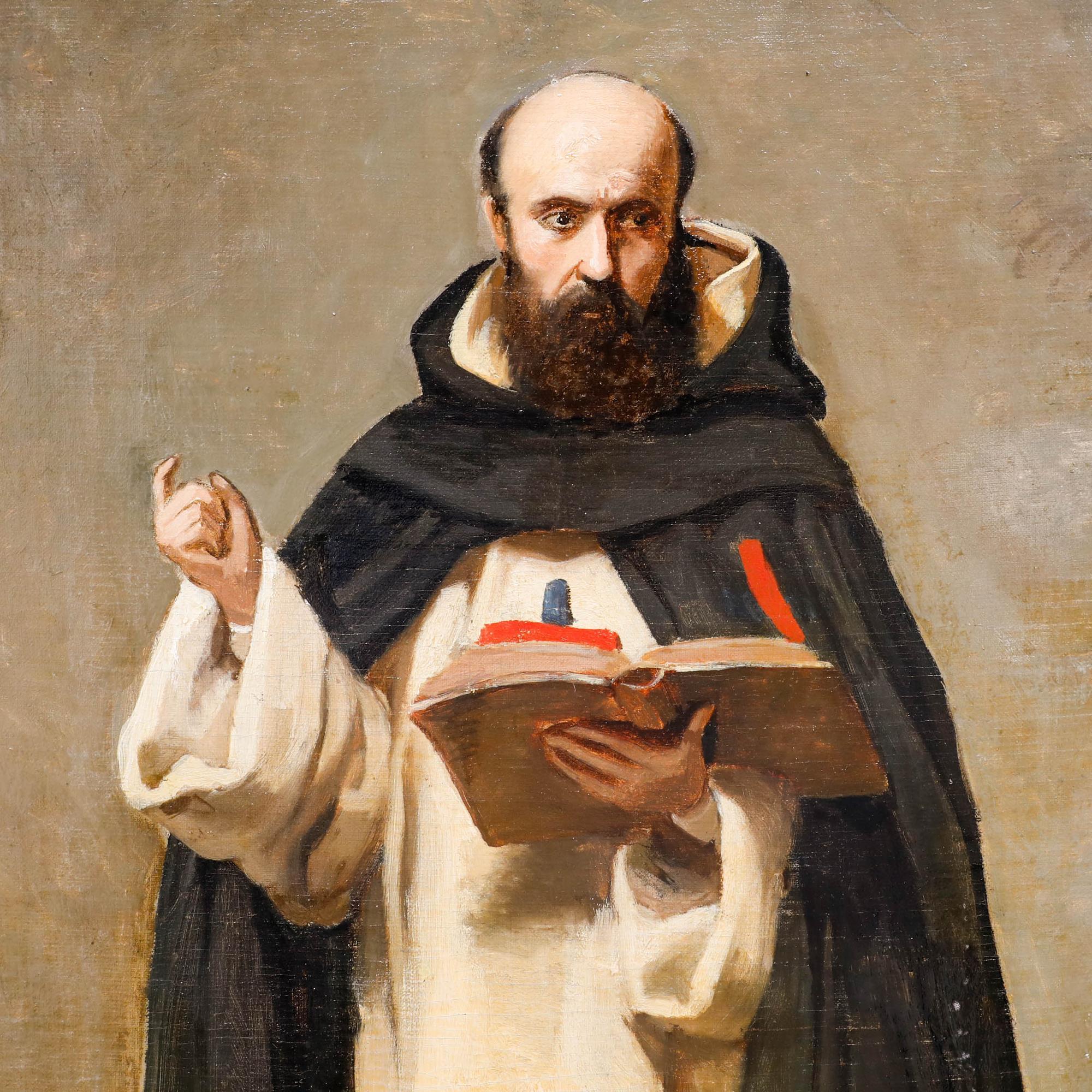 Este llamativo retrato representa a un monje en actitud contemplativa mientras sostiene un libro abierto. La composición se centra en la figura solitaria, cuyas vestiduras blancas y manto oscuro crean un fuerte contraste con el fondo apagado,