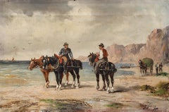 J. Ferry - Late 19th Century Oil, Workhorses on the Beach