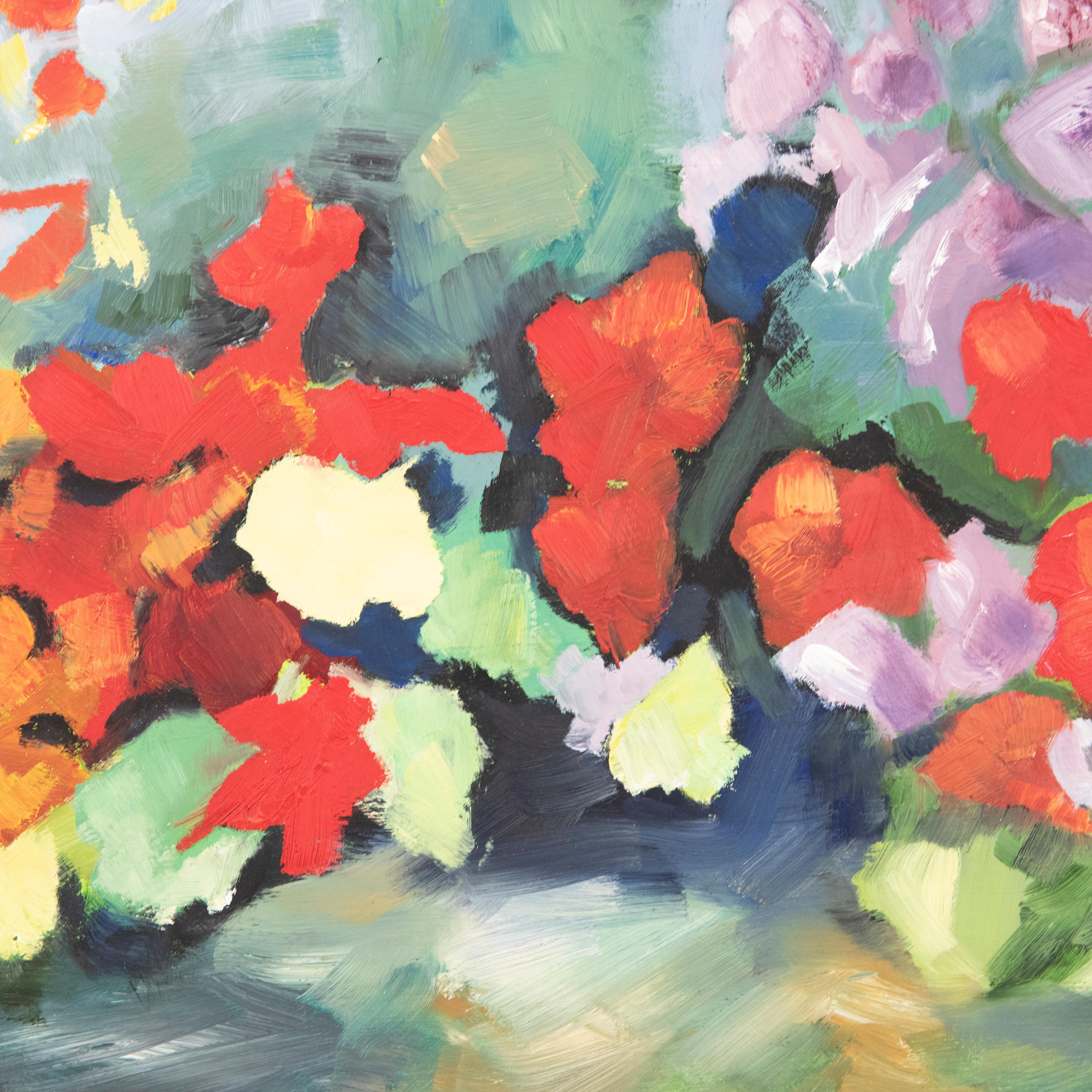 A vivid and expressionist oil showing a garden border bed full of orange and purple flowering shrubs. The artist has initialed to the lower right corner. On board.
