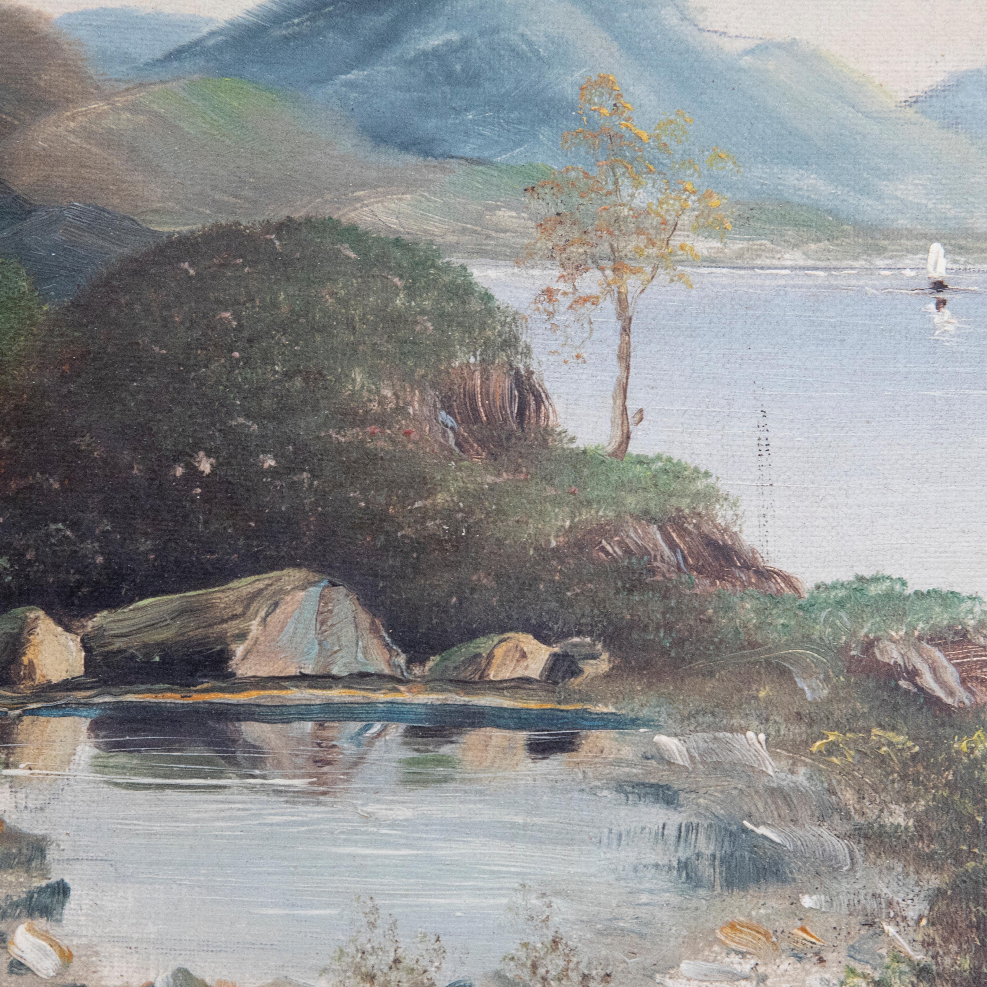 A charming depiction of a still lake with white sailing boat drifting past rolling hills. The artist has used a stipple technique with their brush to depict much of the ground cover and foliage. Well-presented in a handsome gilt-effect frame with