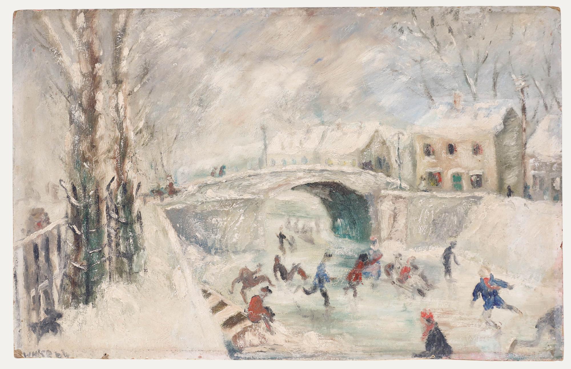 Unknown Landscape Painting - J. J. White - 1964 Oil, Antics on Ice