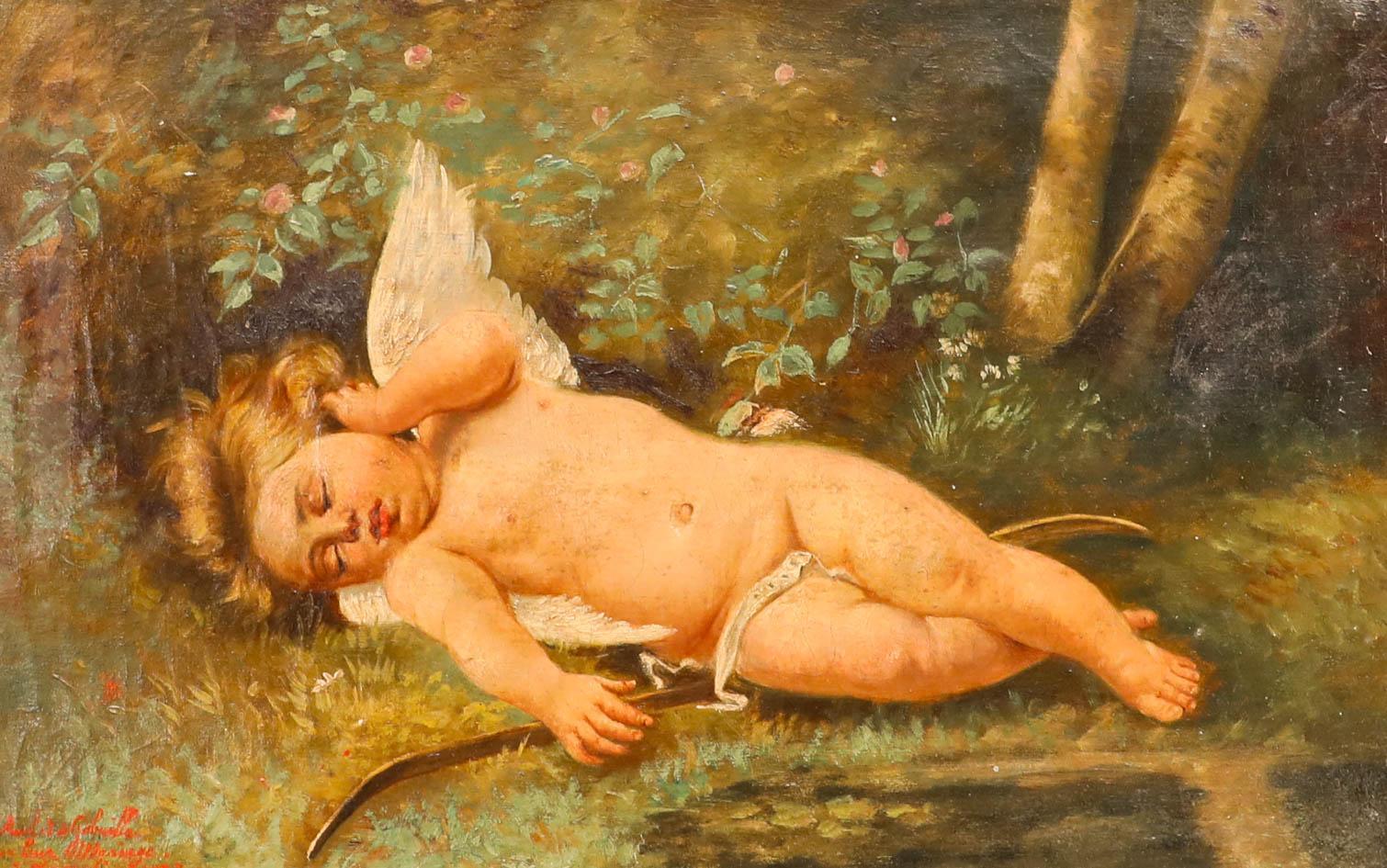 J. Jacquelin after Leon Perrault (1832-1908) - 1923 Oil, Sleeping Cupid - Painting by Unknown