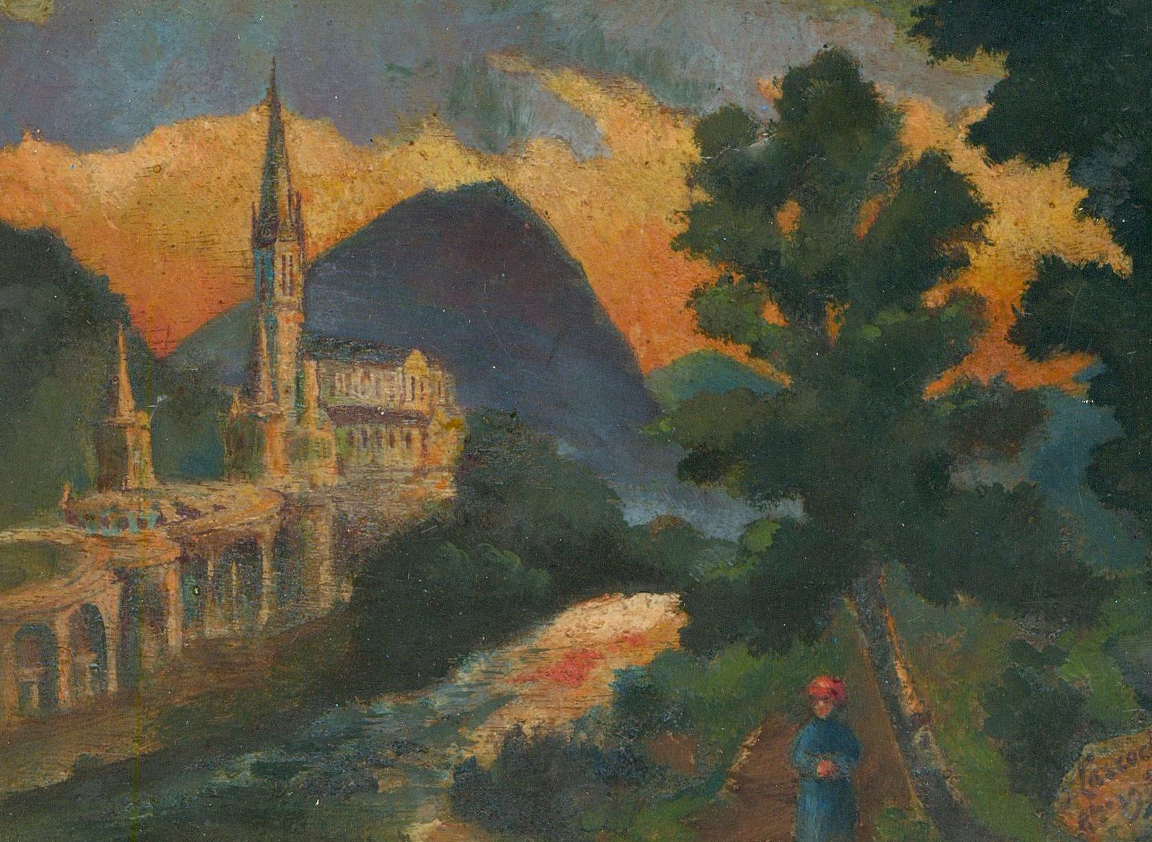 J. Larrochs - Framed Early 20th Century Oil, Sanctuary of Our Lady of Lourdes - Painting by Unknown