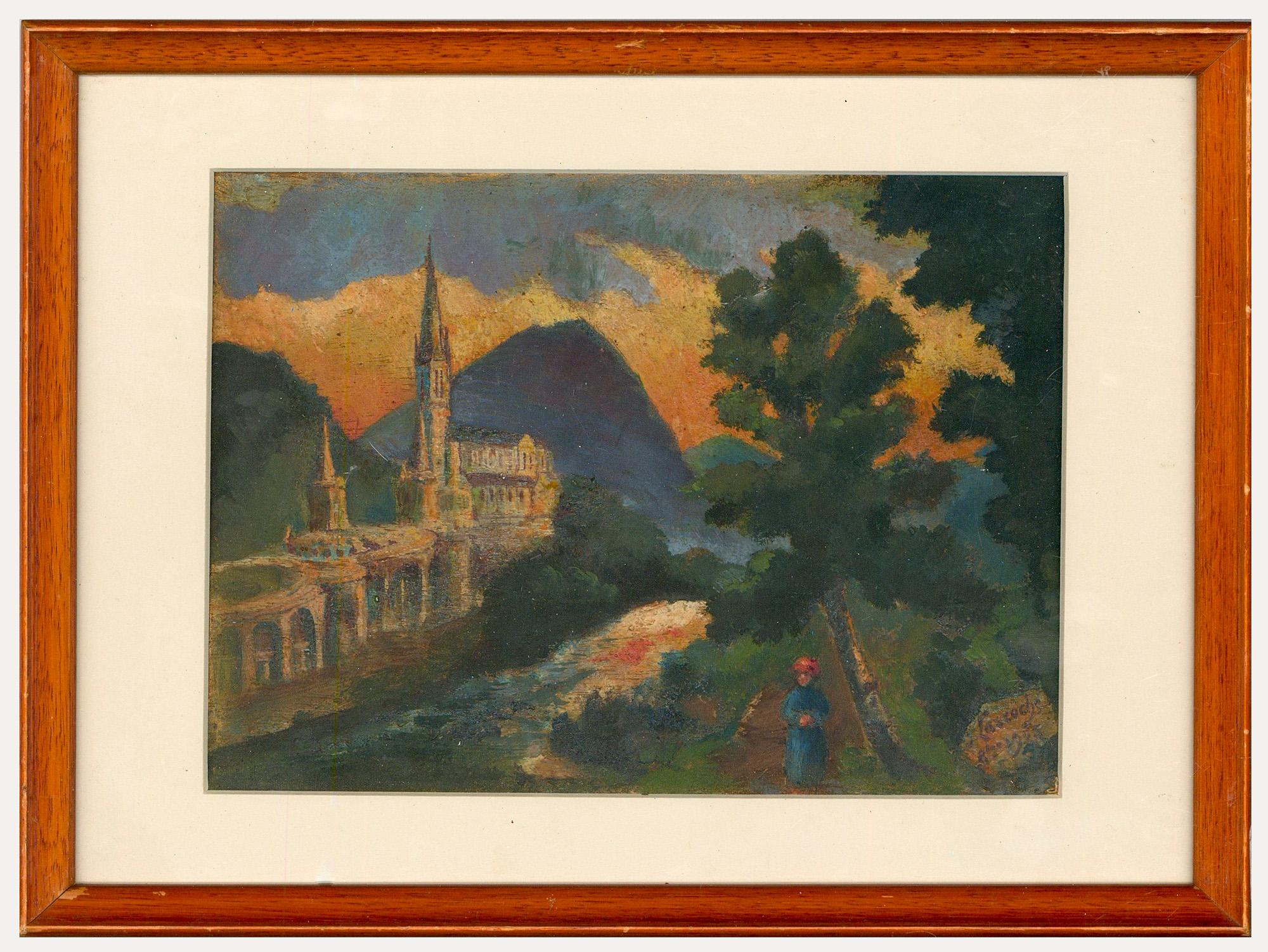 Unknown Landscape Painting - J. Larrochs - Framed Early 20th Century Oil, Sanctuary of Our Lady of Lourdes