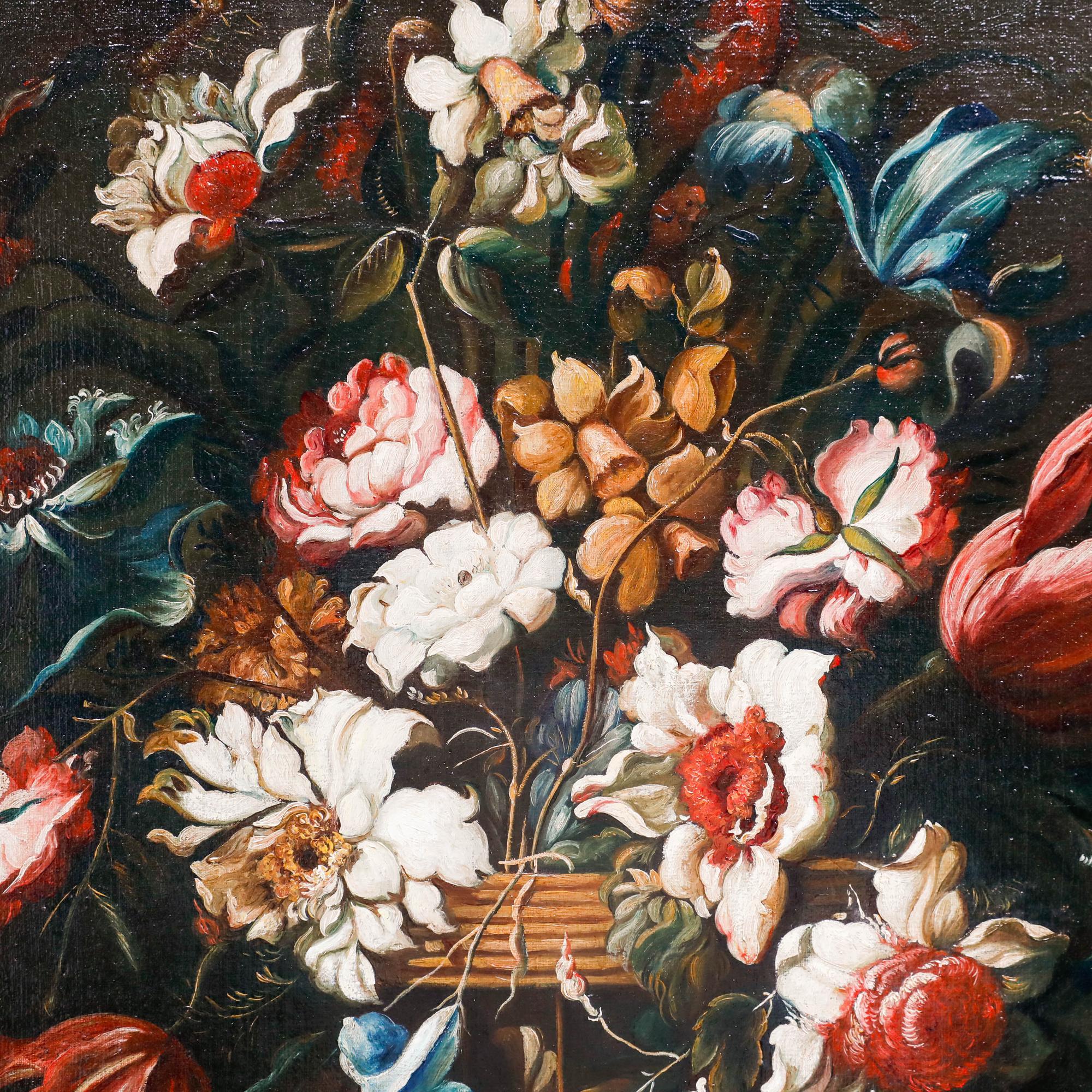 This exquisite still life painting showcases a lush bouquet of vibrant flowers arranged in a wicker vase. The composition masterfully balances an array of colourful blooms, including tulips, daffodils, and carnations, creating a rich tapestry of