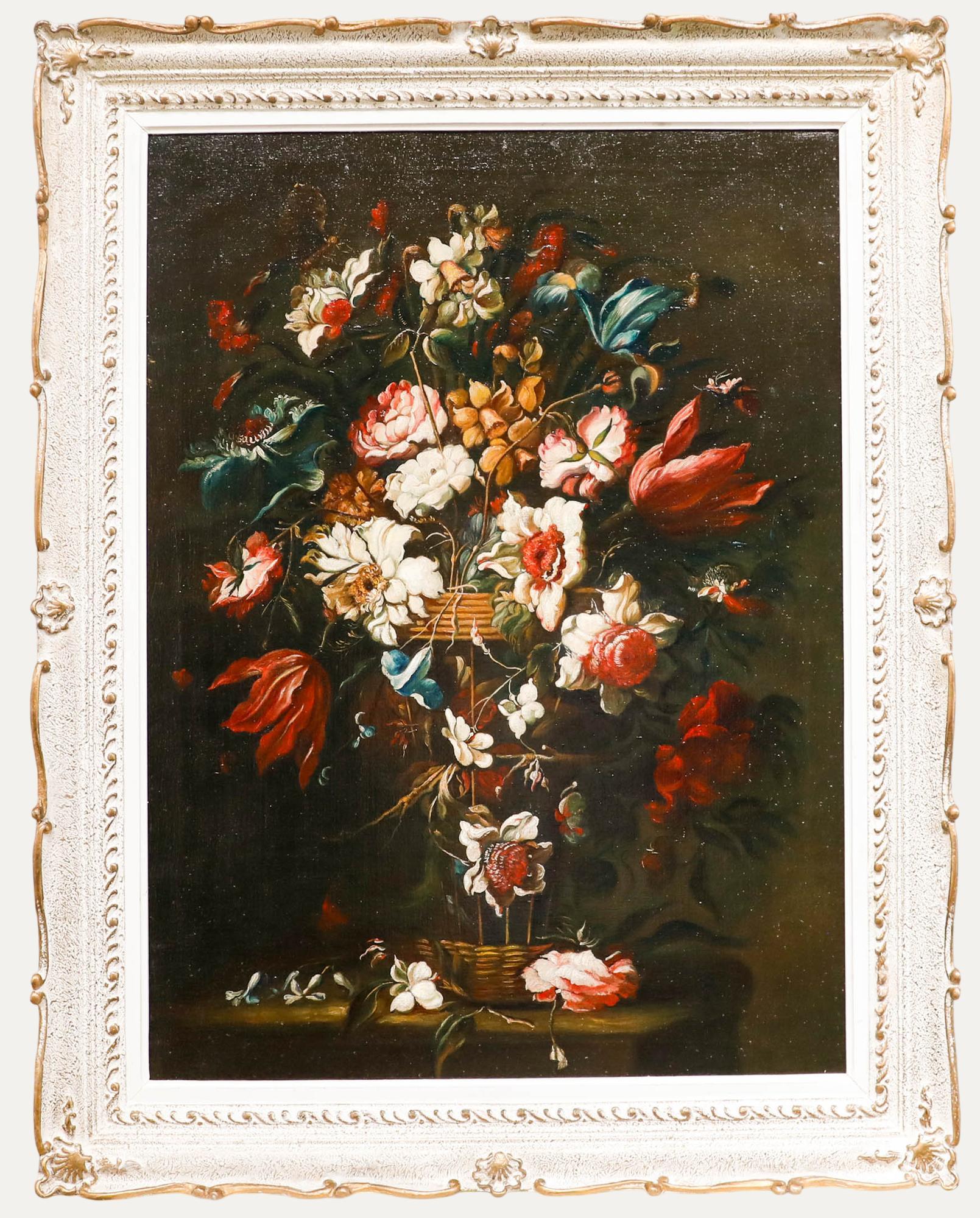 Unknown Still-Life Painting - J. Lazcano After Antonio Arellano - Framed Oil, Spring Flowers in a Wicker Vase