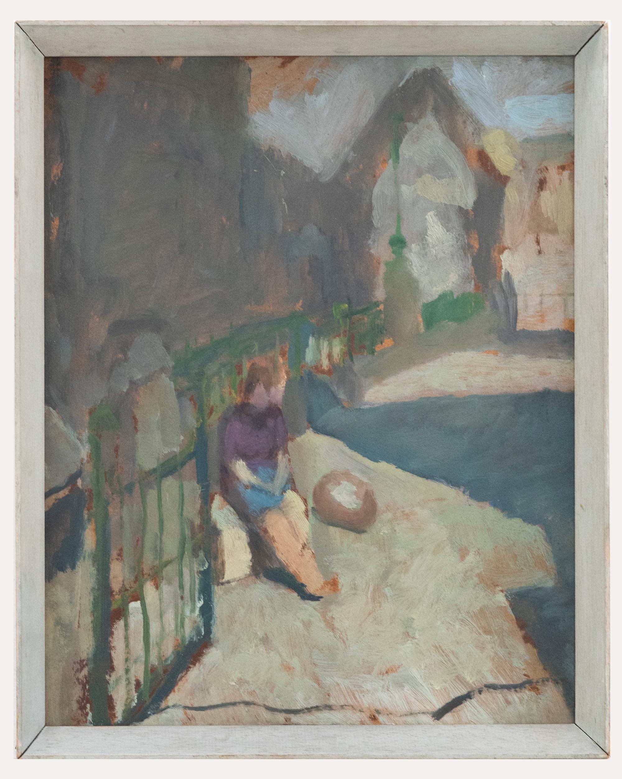 Landscape Painting di Unknown - J. M. Hewinson - Olio del XX secolo incorniciato, Aspettando alla stazione