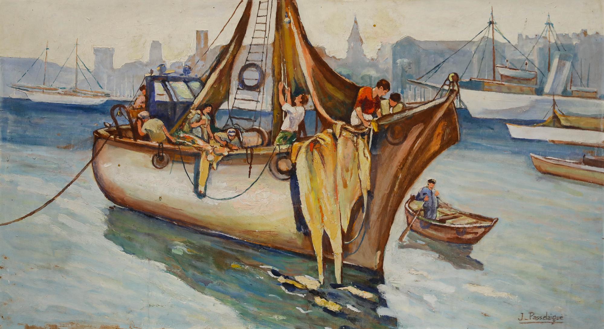 J. Passelaique - Ölgemälde des 20. Jahrhunderts, Rückkehr vom Fischen – Painting von Unknown