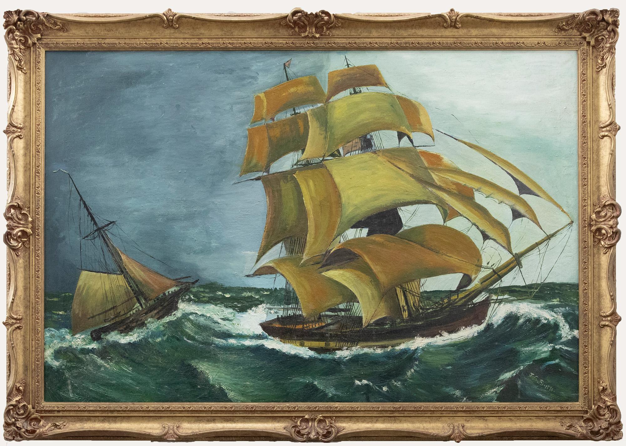 Unknown Figurative Painting - J. S. Smith - 20th Century Oil, Brigantine at Sea