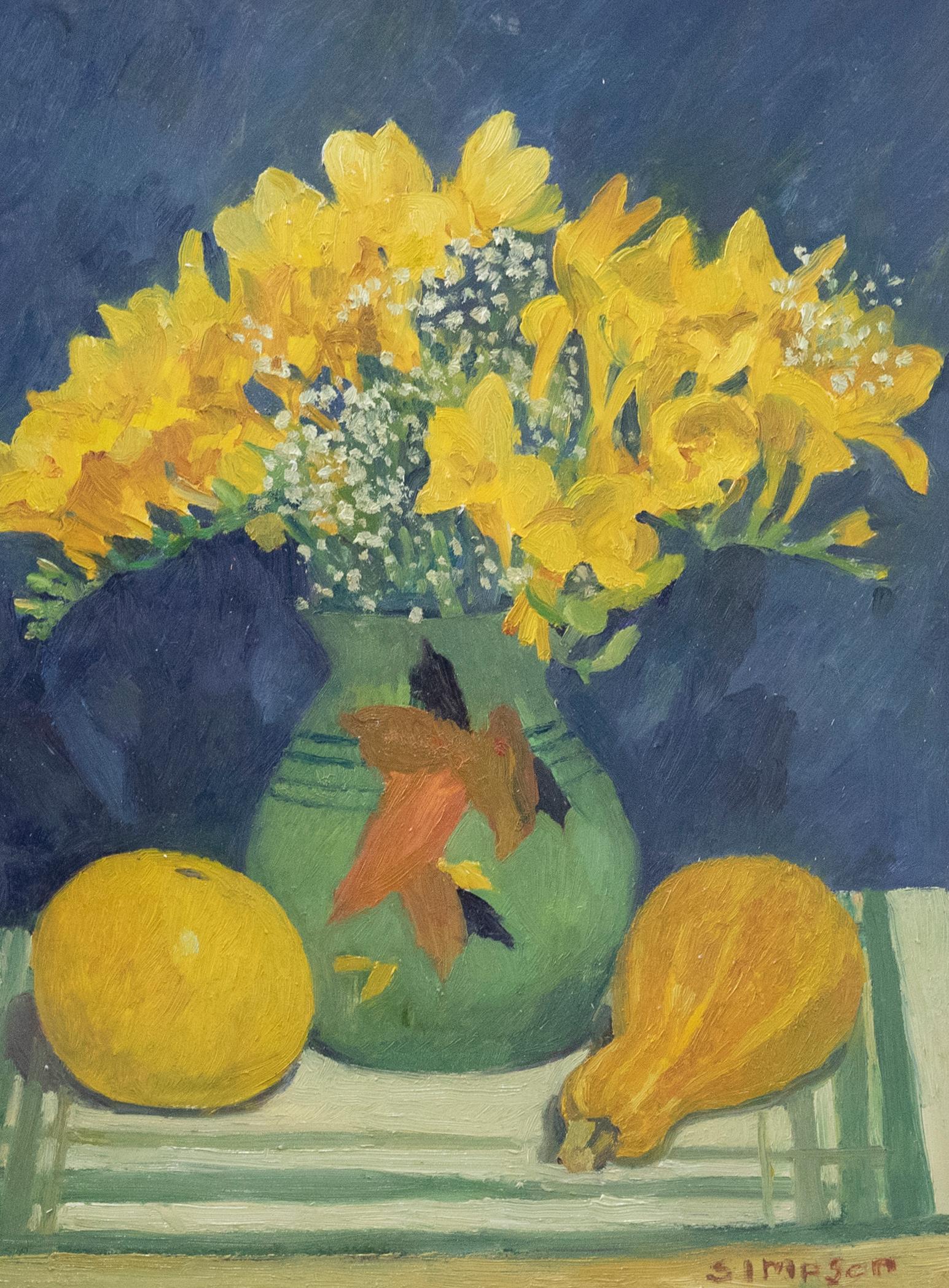 J. Simpson - Contemporary Oil, Daffodils and Gypsophila - Painting by Unknown